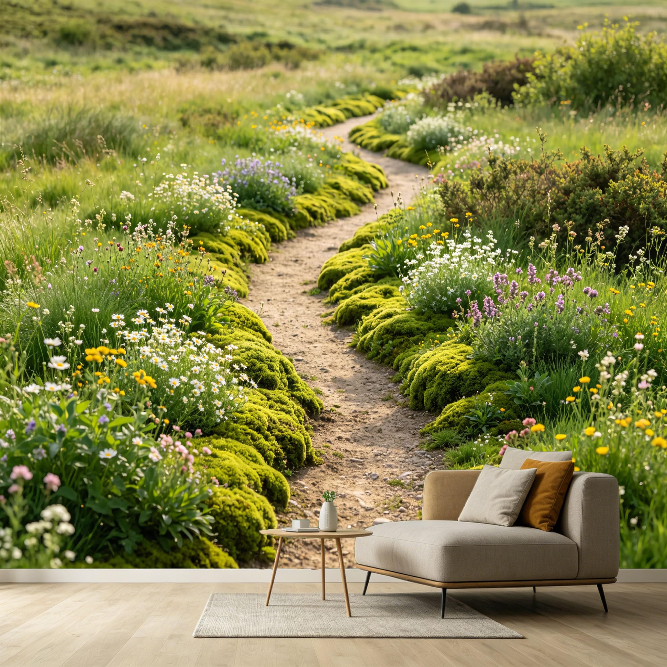 Custom Size Wall Murals Meadow Path Botanical Landscape Watercolor Wildflowers SelfAdhesive Wall Fabric Removable Large Wallpaper for Photo Living Room