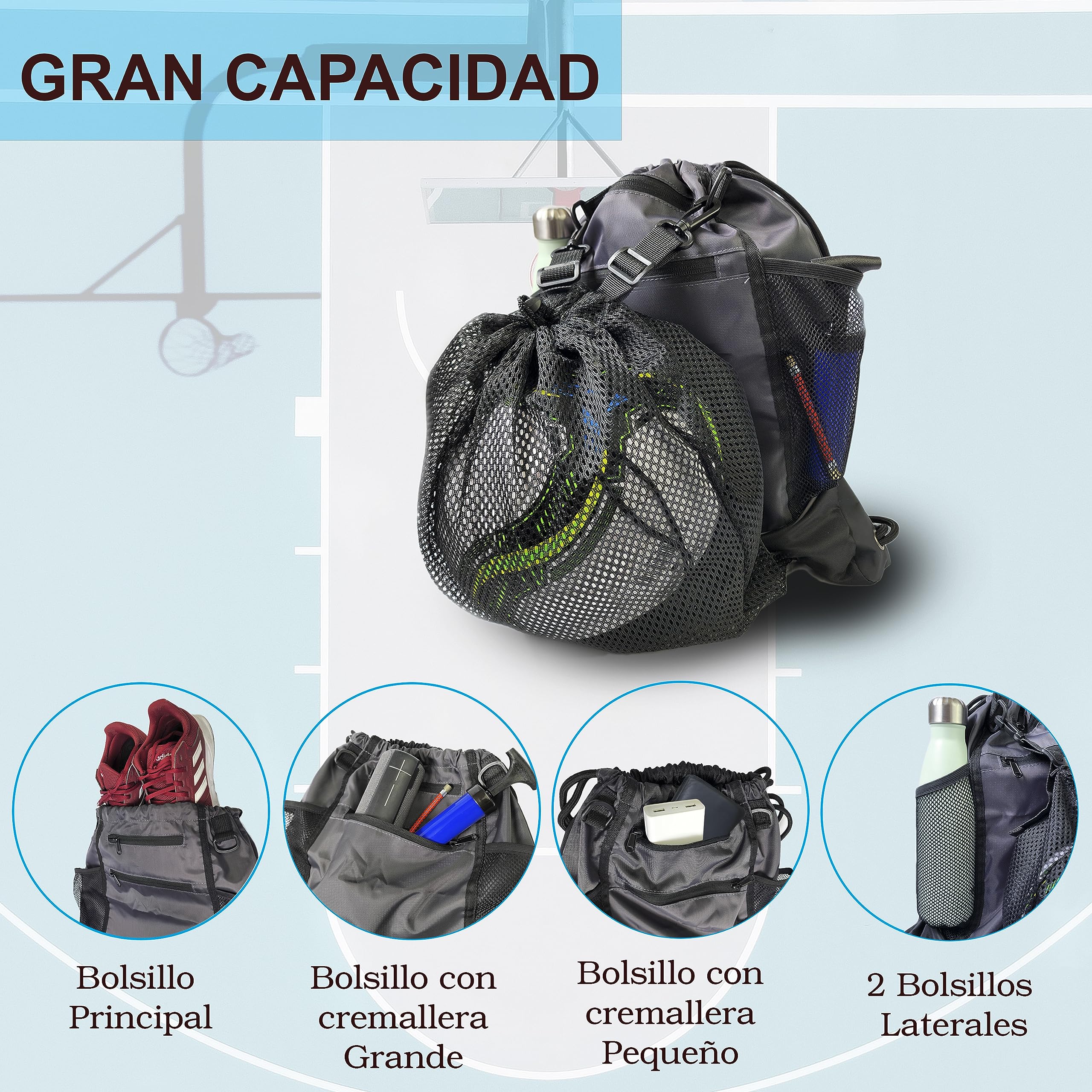 Mochila para Pelotas de Baloncesto, Cuerdas Deportiva, Incluye Inflador Portátil Negro