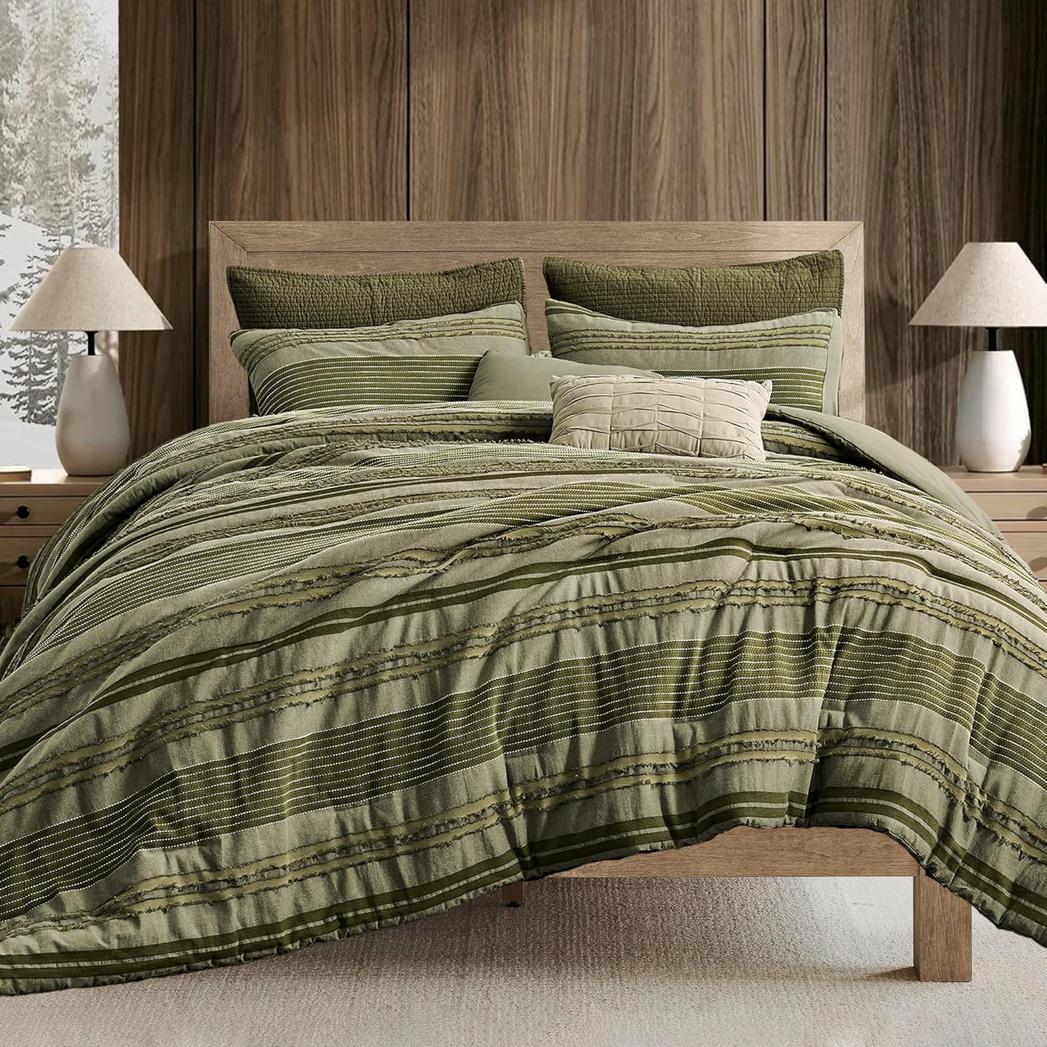 Wonderful Army Green Comforter Set Queen Size, Yarn Dyed Farmhouse Striped Cotton Lightweight Boho Comforter with Pillow Shams, Fluffy Bedding Set for All Season