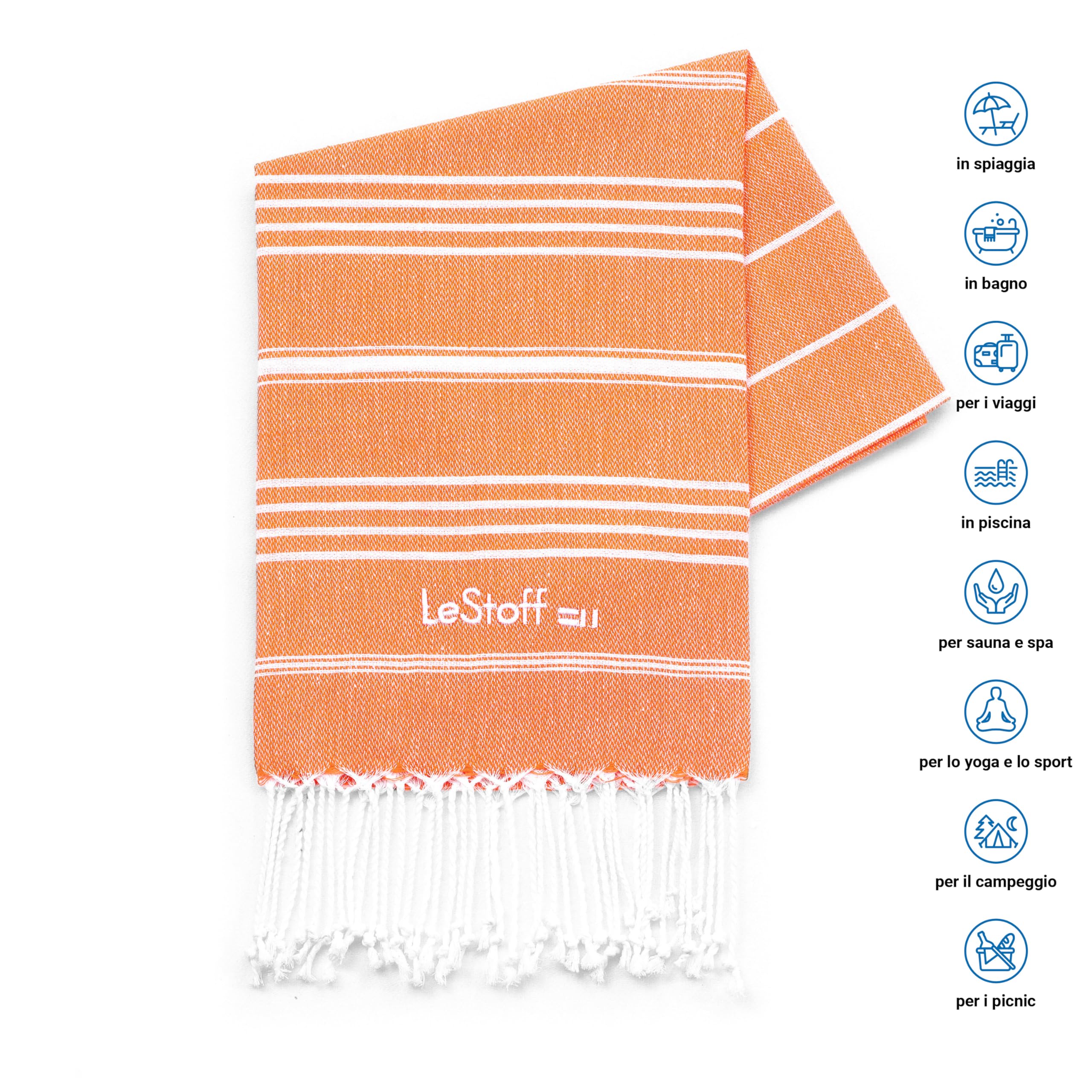 LeStoff Telo mare - 100% Cotone bio, 50 x 100 cm, Prelavato, Assorbente, Asciugatura Rapida, Leggero, Fouta, Telo Ospite, Telo Doccia, Telo Yoga, Telo Benessere, Asciugamano Sportivo (Orange)