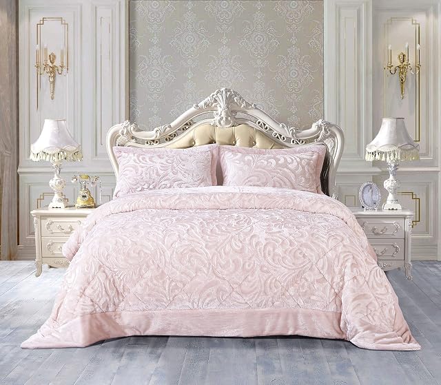3 Pcs Quilted Bedspread Teddy Embossed Fleece Velvet Bed Throw with Pillow Shams Bedding Set Pink Super King