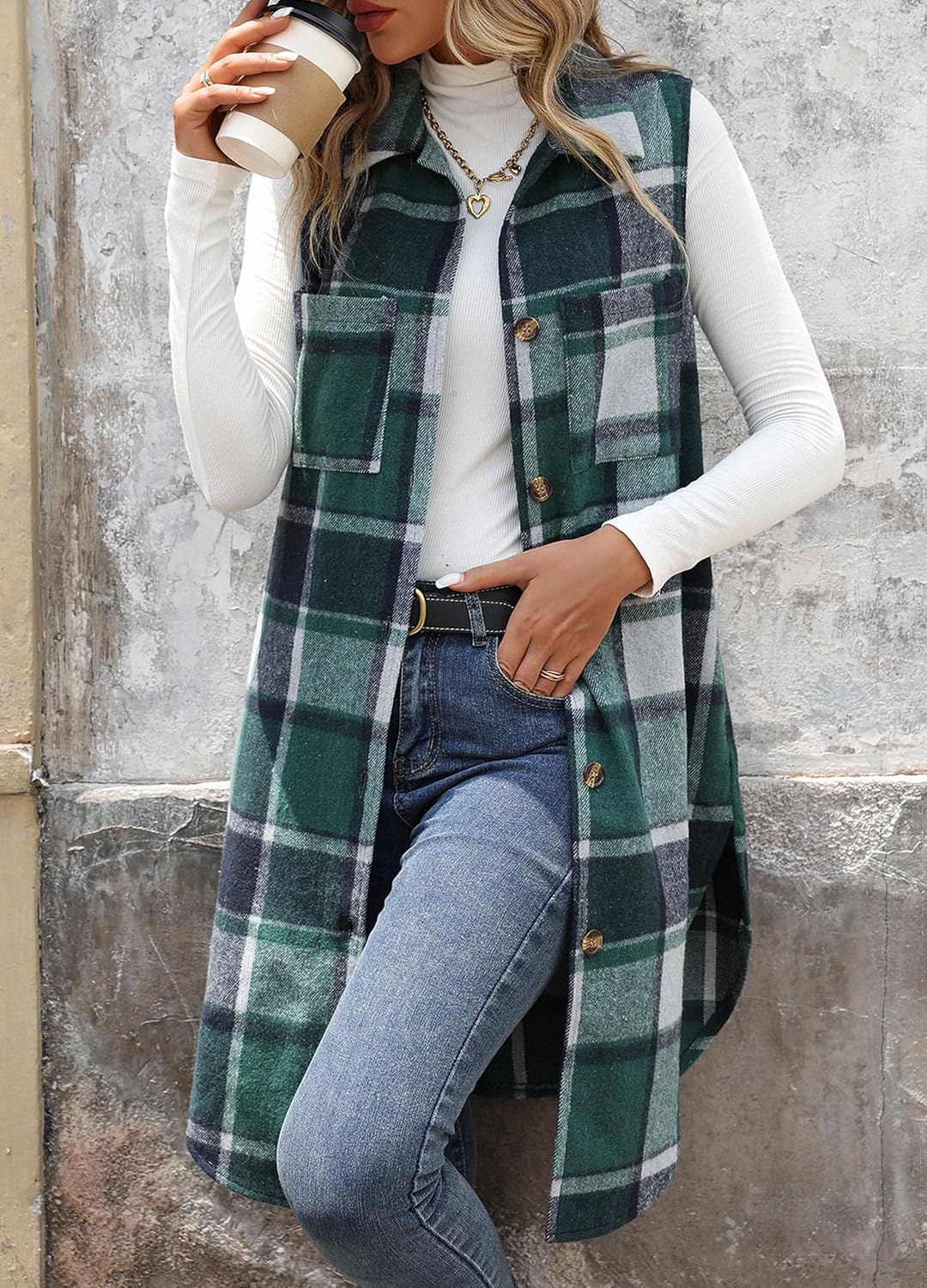 ZILIN Long Flannel Plaid Vest for Women Button Down Sleeveless Shacket Shirt Jacket with Pockets - Image 5