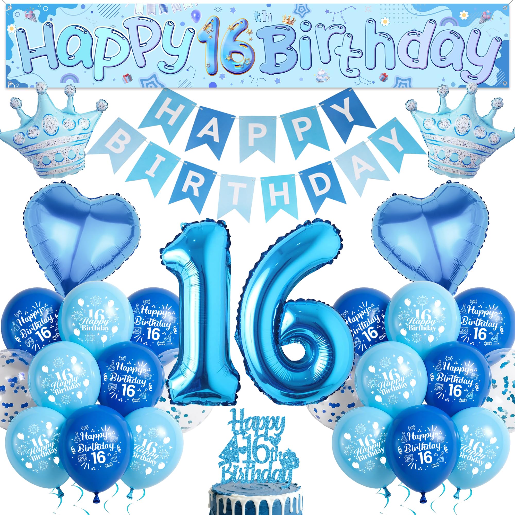 16th Birthday Decorations Balloon Set - Blue Happy Birthday Banners Kit with Cake Topper, Number 16 Balloon and Yard Banner for Boys Girls 16 Years Old Birthday Party Supplies