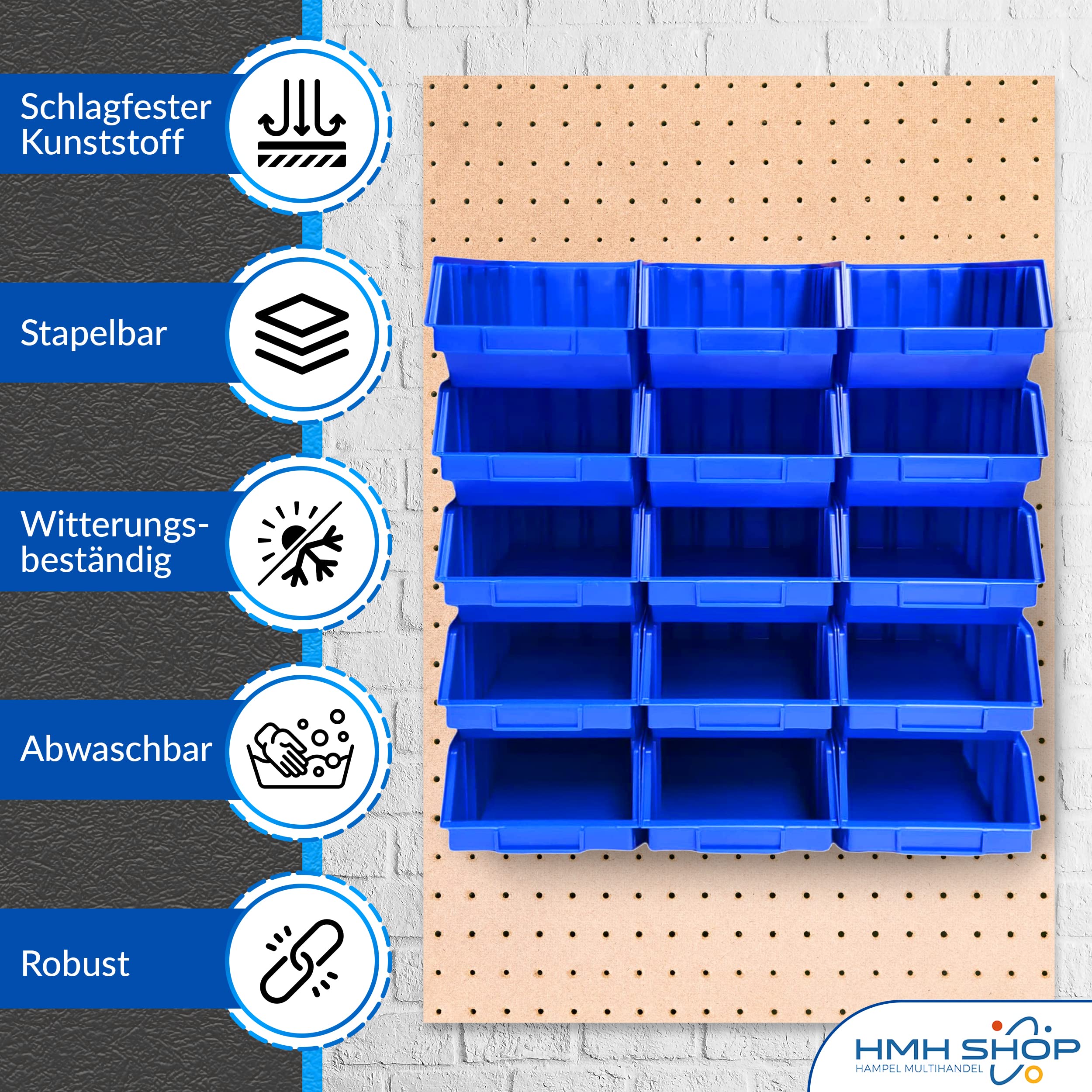 HSM 15 Stapelboxen Gr. 4 Stapelkästen Stapelkisten Sichtlagerkästen 340x222x157 mm (Blau, Polypropylen (PP))