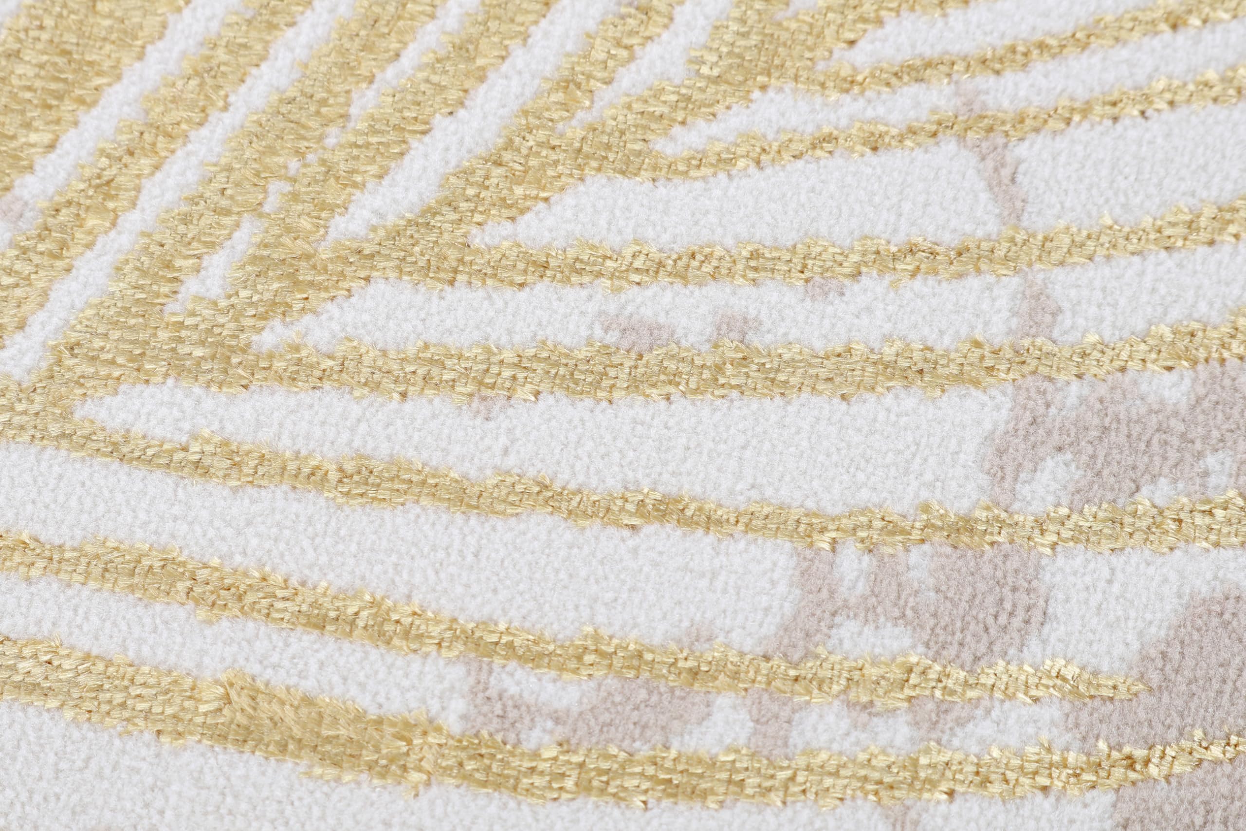 TAPISO Crystal Rund Teppich Kurzflor Glänzend Gold Weiß 120 x 120 cm | Palmenblätter Feder 3D Effekt Wohnzimmer Schlafzimmer Modern Design OEKO-TEX