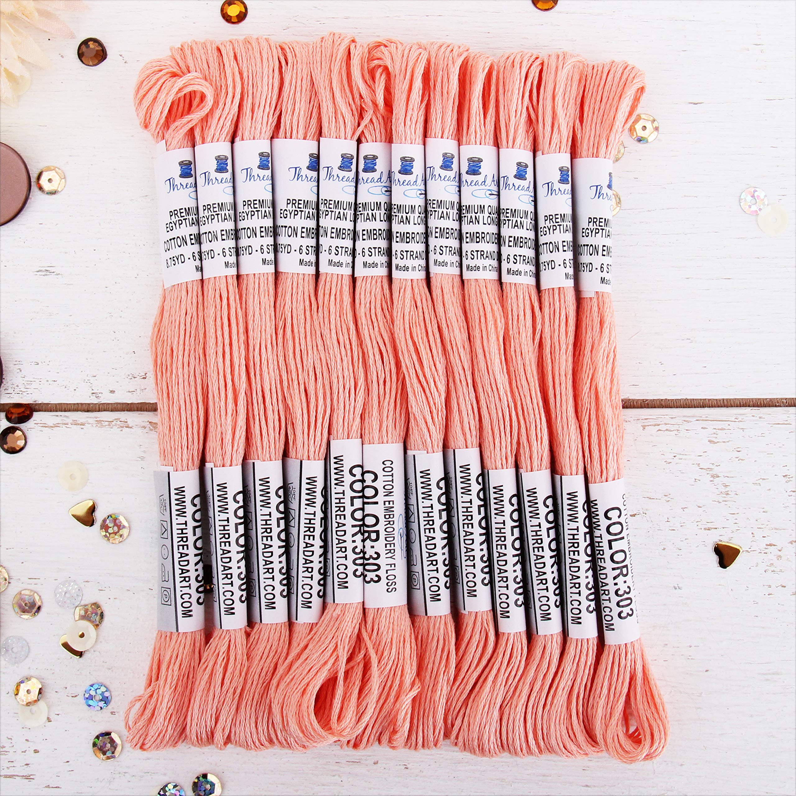Threadart - 12 madejas de hilo de algodón egipcio de fibra larga para bordar, albaricoque claro, 6 hilos divisibles de 8.75 yardas cada uno para bordado a mano, pulseras de la amistad, punto de cruz y