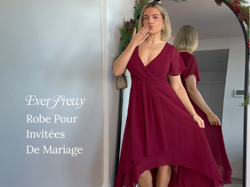 Ever-Pretty Robe Invitée Mariage Jupe Trapèze Col V Manches Volantées - Robe Élégante Femme Chic