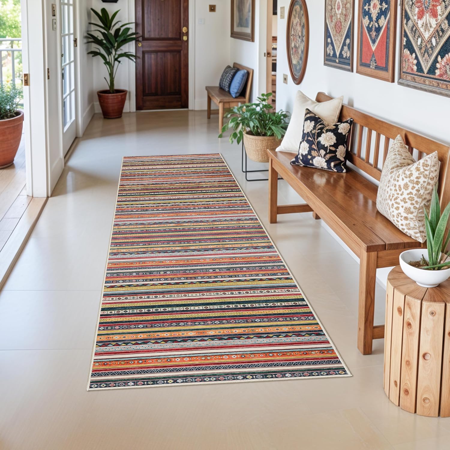 HILORUUG 4x8 Rug Washable Indoor: Non-Slip Southwestern Striped Carpet for Kitchen Hallway Entry - Farmhouse Low Pile Stain Resistant Long Thin Front Door Mat 4x8 Red/Blue/Multi