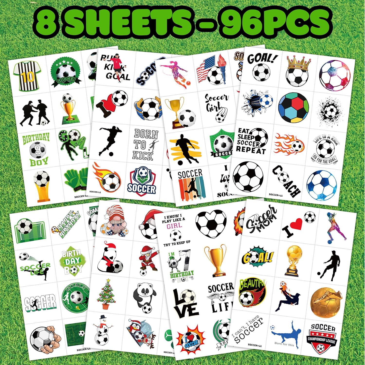 96 PCS Soccer Ball Pre-Cut Temporary Tattoos Sticker Football, Sports Themed Birthday Party Decorations Supplies Favors Gifts Girls Boys Europa, World Cup Cute Tattoo School Reward Game (Normal)