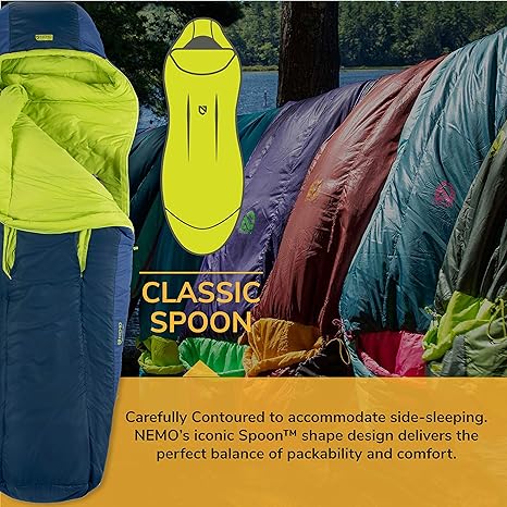 The bag is designed with a unique Spoon shape, which offers extra room around the knees and elbows to allow for a more comfortable sleeping position. The shape of the bag also helps to reduce dead space, which can help to keep you warmer.