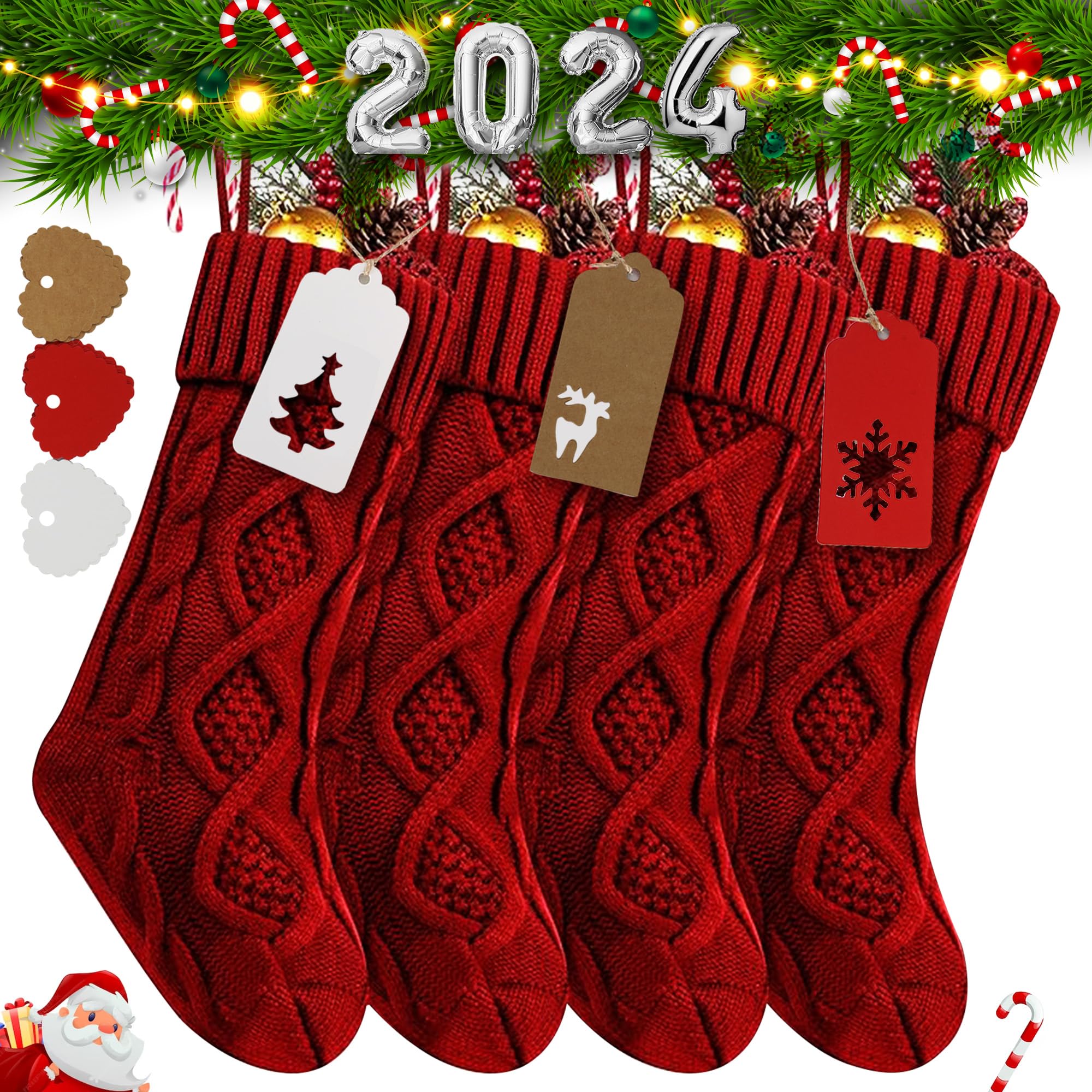 RFAQK 4 Pack RED Christmas Stockings Large Size Handmade 18 Inches Cable Knitted Stocking Gifts with 50 Personalizable Name Tags for Family Holiday Xmas Party Decor