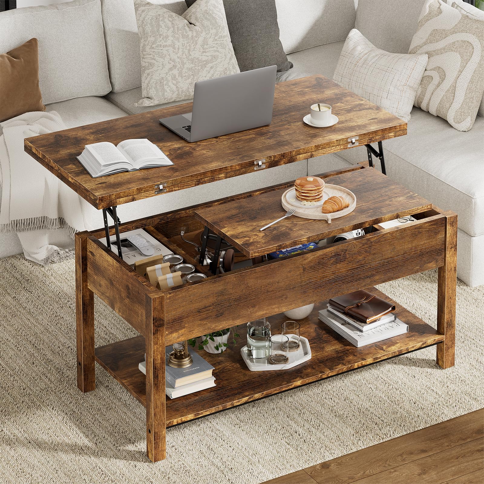 fabato lift top coffee table, 4-in-1 multi-function tea table with hidden storage, coffee table converts to dinning table, center table with wooden lift-top, small space for living room, brown