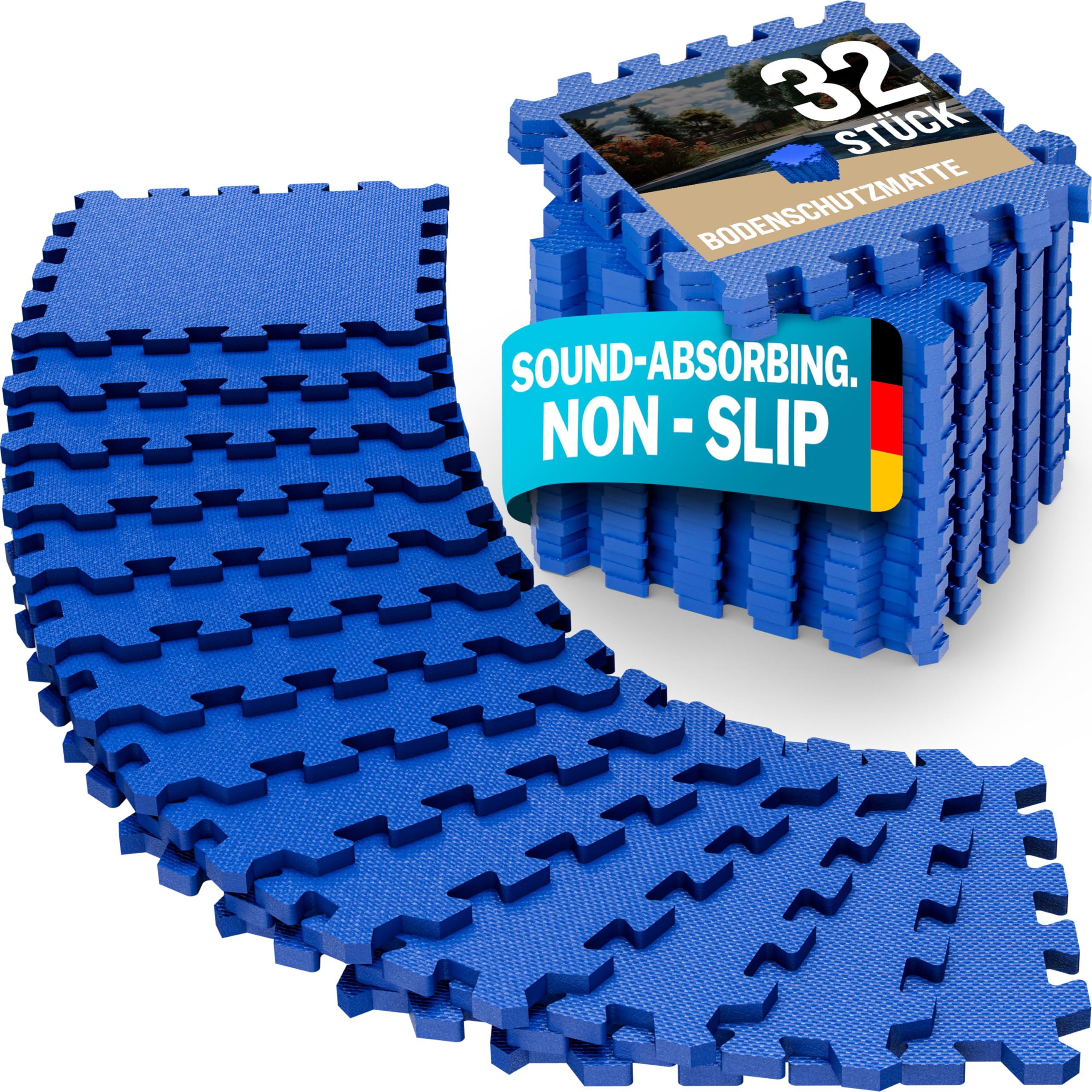 MONZANA® Interlocking Gym Mat Foam Mats, Non-Slip EVA Workout Mat Tile for Gym Flooring, Interlocking Foam Mats Set 1.8x3.6m (32 pack) Waterproof Tear Resistant Pool 32 Piece Blue