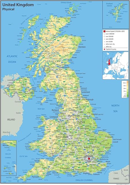 Physical Map of the UK - Size A0-84.1 x 118.9cm - Paper Laminated