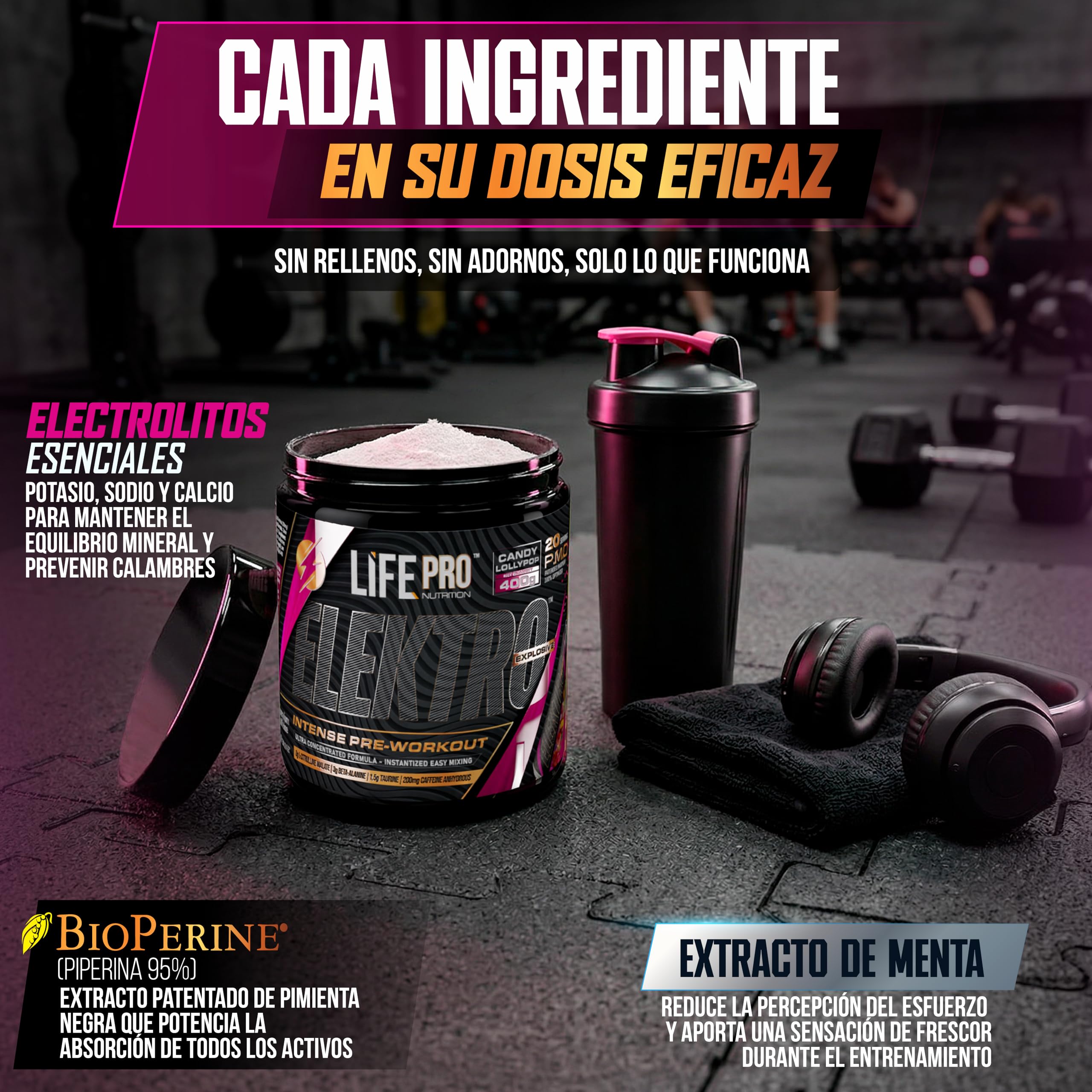 Pre Entreno Life Pro Elektro 400g - Pre Workout Potente con Citrulina Malato 8000mg, Beta Alanina 3000mg, Taurina 1500mg y Cafeína 200mg, Preentreno para Energía, Bombeo y Rendimiento | Sabor Lollipop