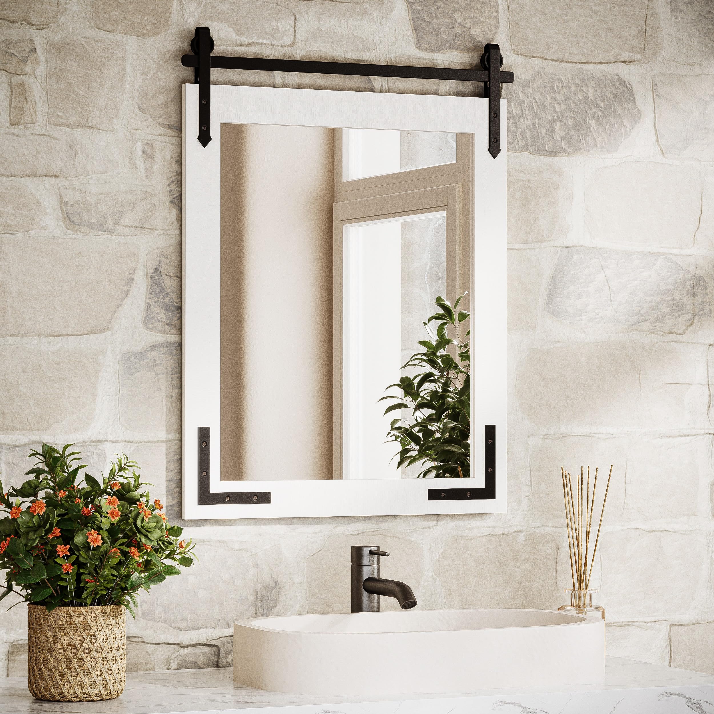 TETOTE Specchio da parete rustico per porta del fienile, 55,9 x 76,2 cm, stile rustico, con cornice in legno bianco naturale, per bagno, soggiorno, camera da letto, ingresso, impermeabile