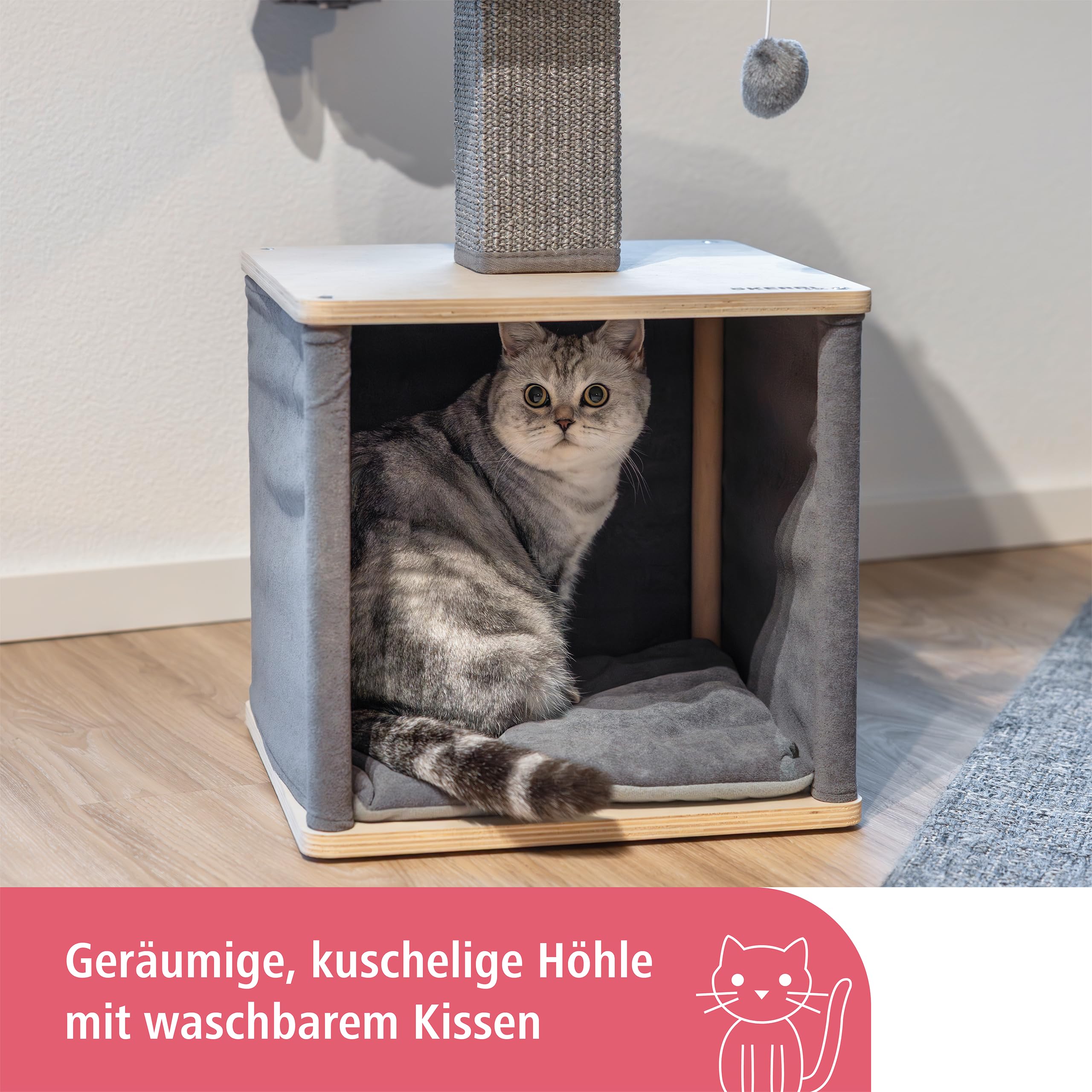Kerbl Pet Árbol rascador Noah II, mueble rascador, gris/natural, 38 x 38 x 78 cm, madera maciza, para gatos y gatitos, con columna de sisal, cama lavable, diseño moderno