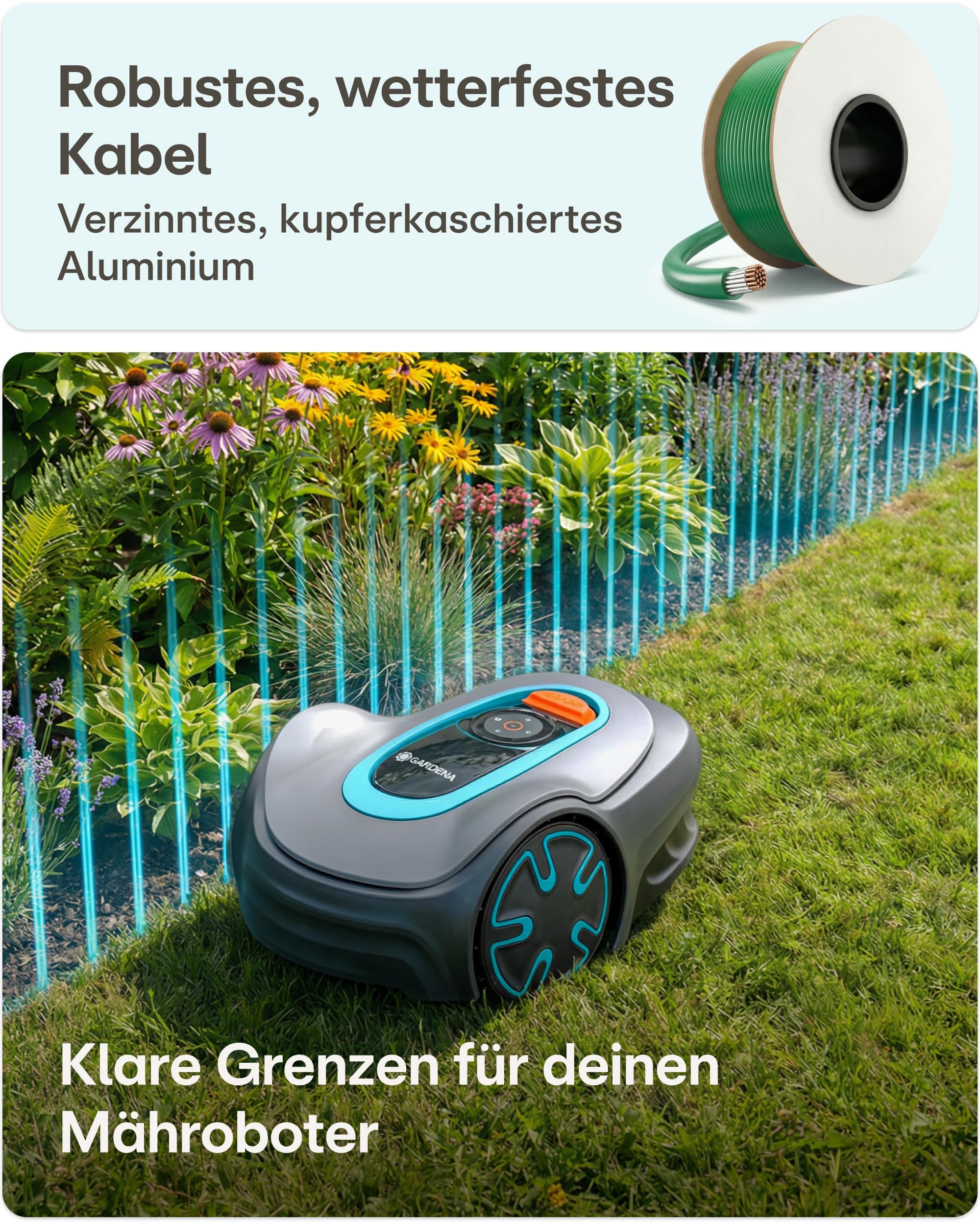 Praknu Begrenzungskabel Mähroboter Set (150m)– Universal Rasenmäher Kabel für alle Marken – Inkl. 150 m Draht, Erdnägel & Gel-Steckverbinder – Begrenzungsdraht Mähroboter