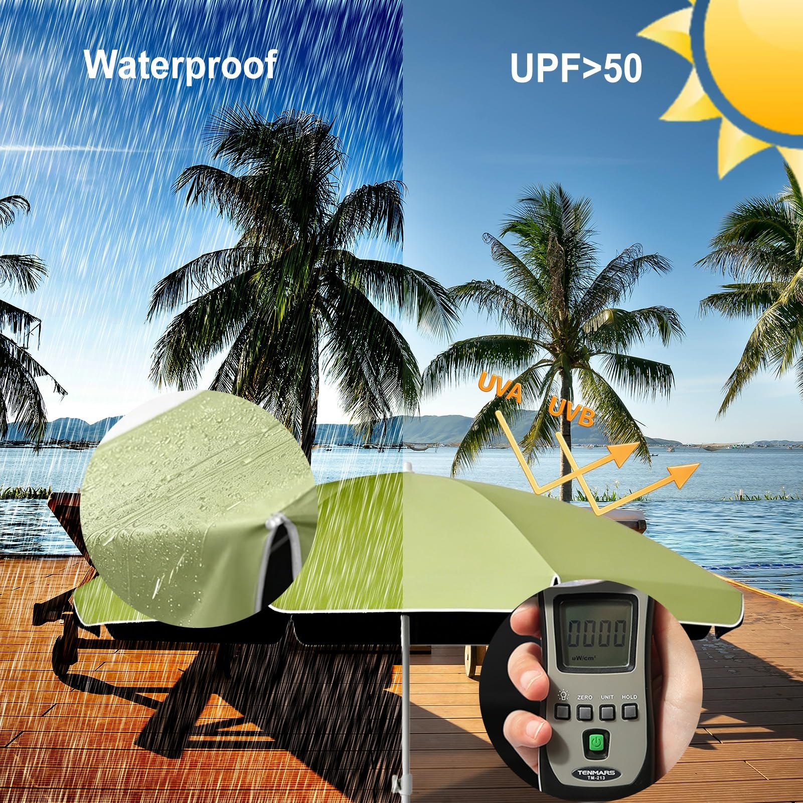 Parasol Plażowy 240 cm z Regulowaną Wysokością, Wodoodporny Parasol Ogrodowy z UPF 50+, do Ogrodu na Plażę na Kemping