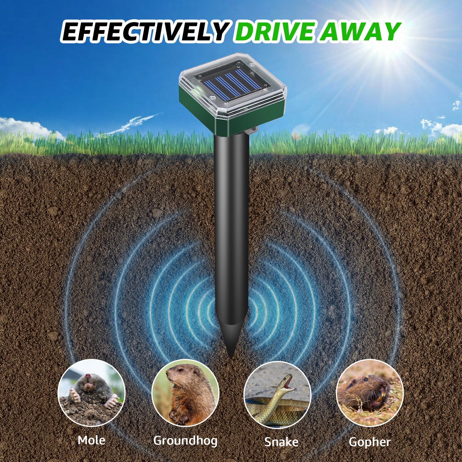 Répulsif à taupes à énergie solaire étanche pour extérieur - Répulsif solaire à ultrasons pour taupes, campagnols, rats, écureuils, mouffettes, jardin, cour, pelouse, lutte contre les parasites