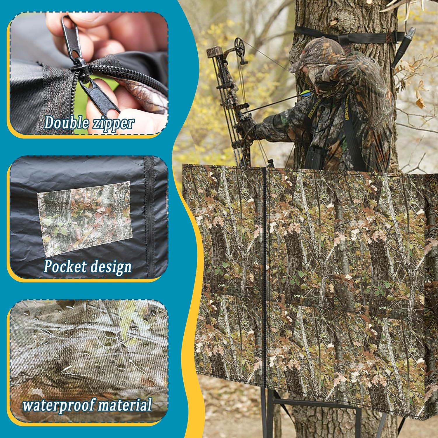 Hunting Tree Stand Blinds for Deer Hunting Universal Camo Tree Ladder Stand Blind Kit with Zipper and 2 Pockets Tree Stand Cover for Hunting Deer, Elk, Hunting Blind & Accessories - Image 4