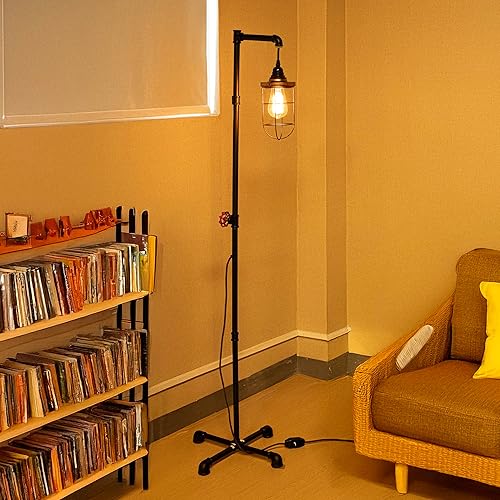 Lámpara de pie Steampunk DIY con atenuador, regulable estilo loft industrial vintage estilo antiguo luz con bombilla, base de metal con tubería de