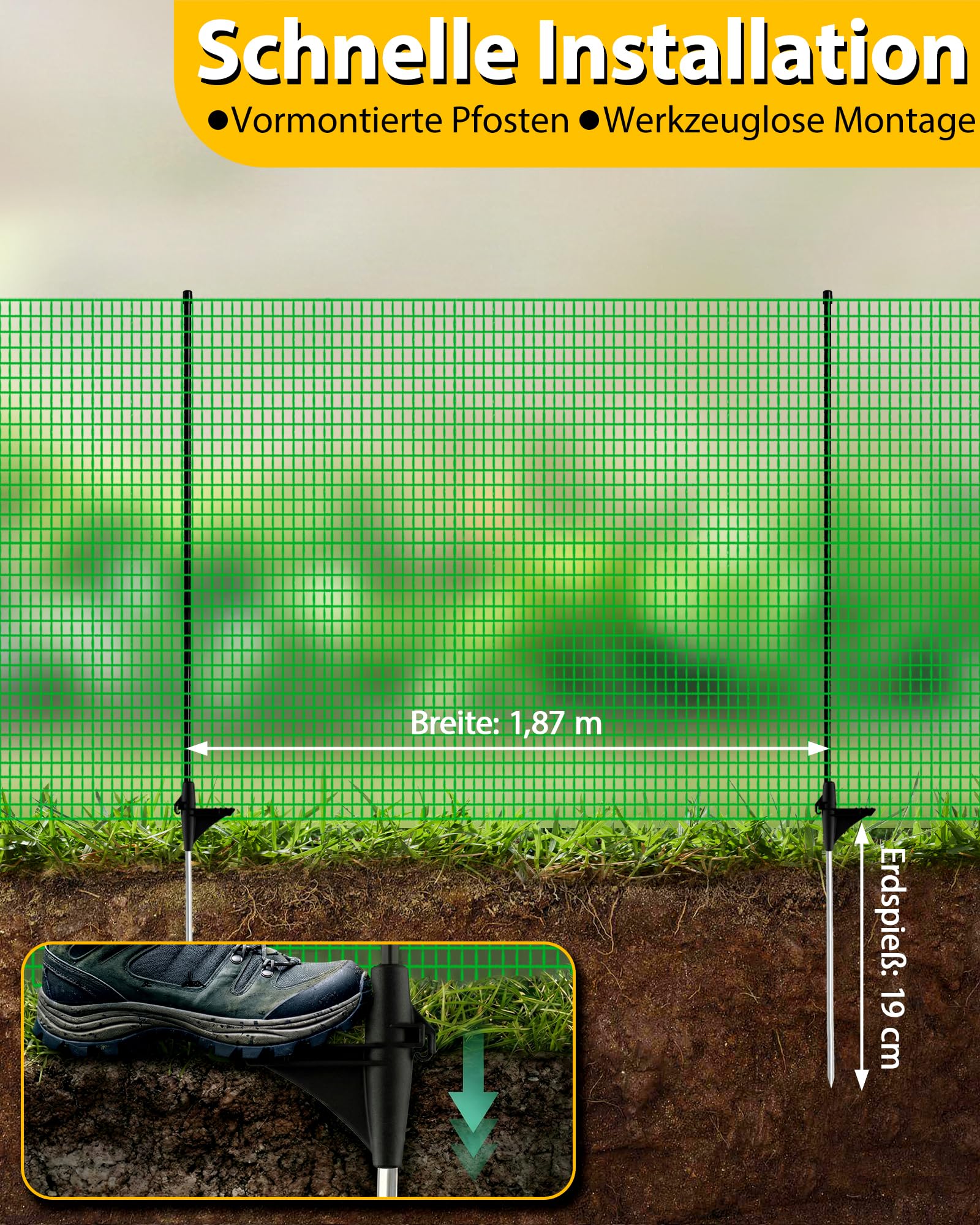 Mobiler Begrenzungszaun ohne Strom, 90 cm hoch, 25 m Gartennetz mit 15 integrierten Pfählen – feinmaschiger Steckzaun für Garten & Camping, geeignet für Hunde & Beetschutz, Komplettset