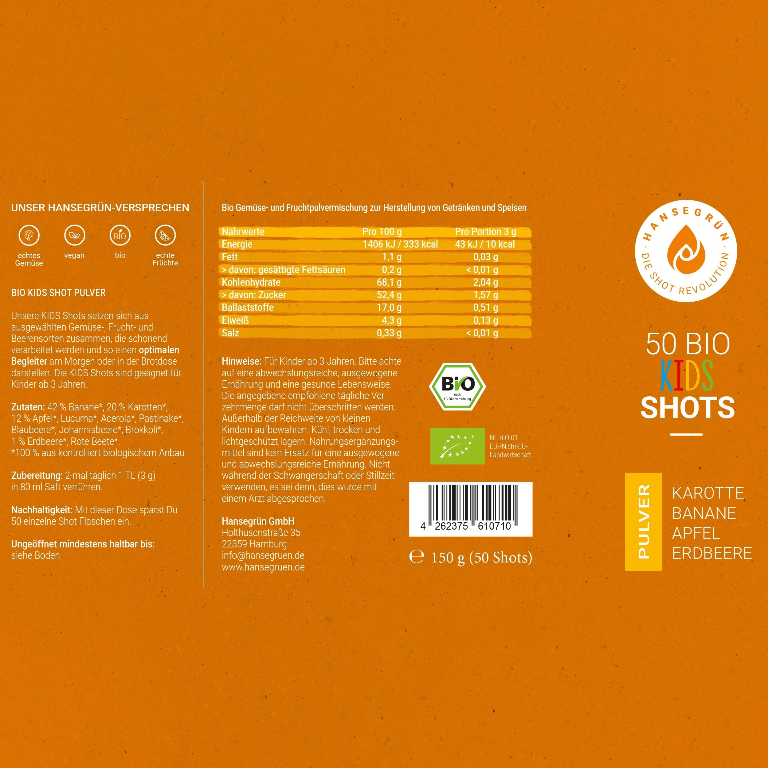 Hansegrün - Bio Kids Shots (50 Stk.) - Täglicher Allrounder für das Immunsystem¹, Zähne² & Knochen³ - Superfood-Pulver mit Gemüse, Früchten & Beeren - 100% echte Zutaten zur täglichen Zubereitung