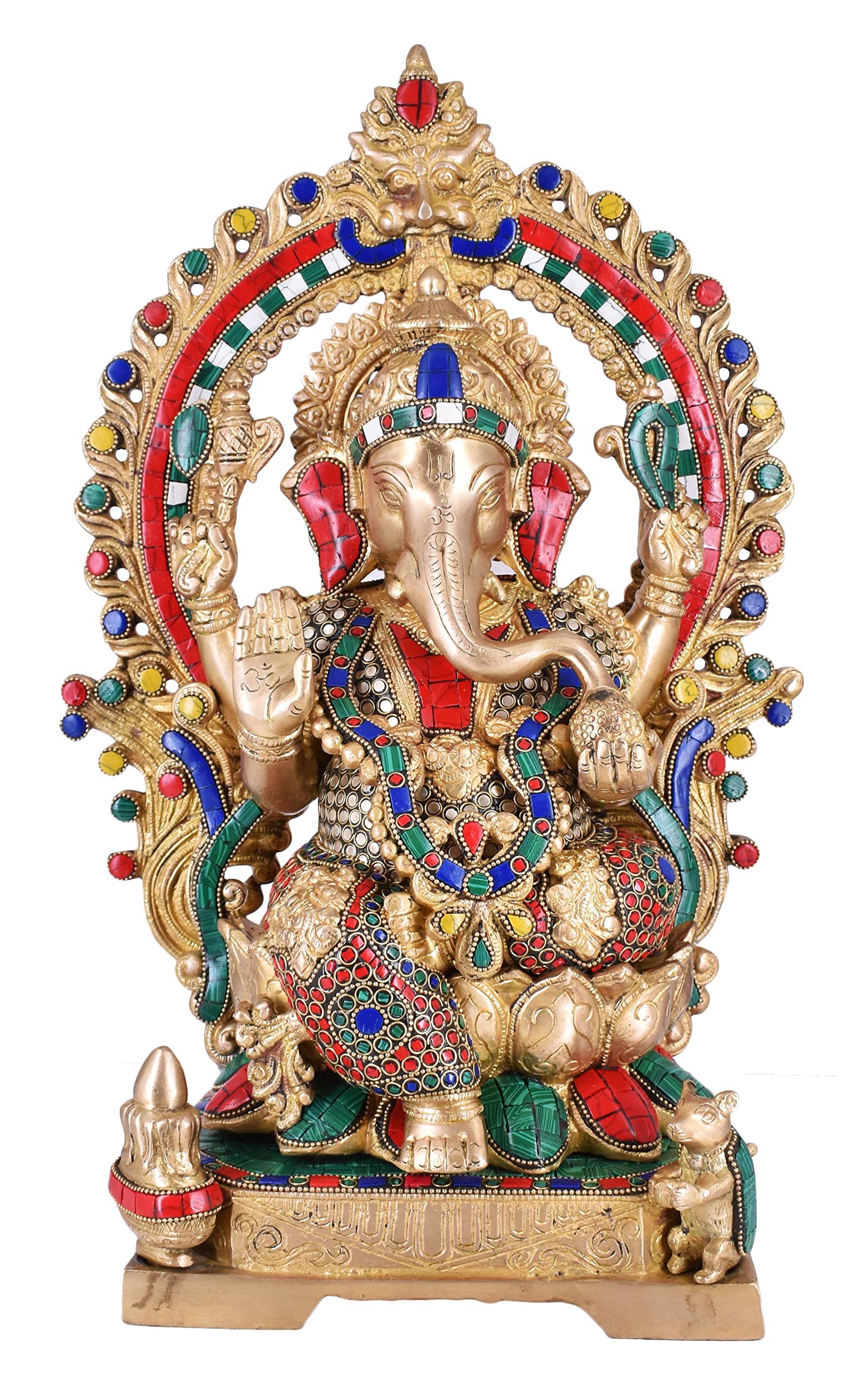 Whitewhale Lord Ganesh Murti Ganesha Idol Ganpati Brass Statue with Multicolor Stone Work for Home Decoration Showpiece