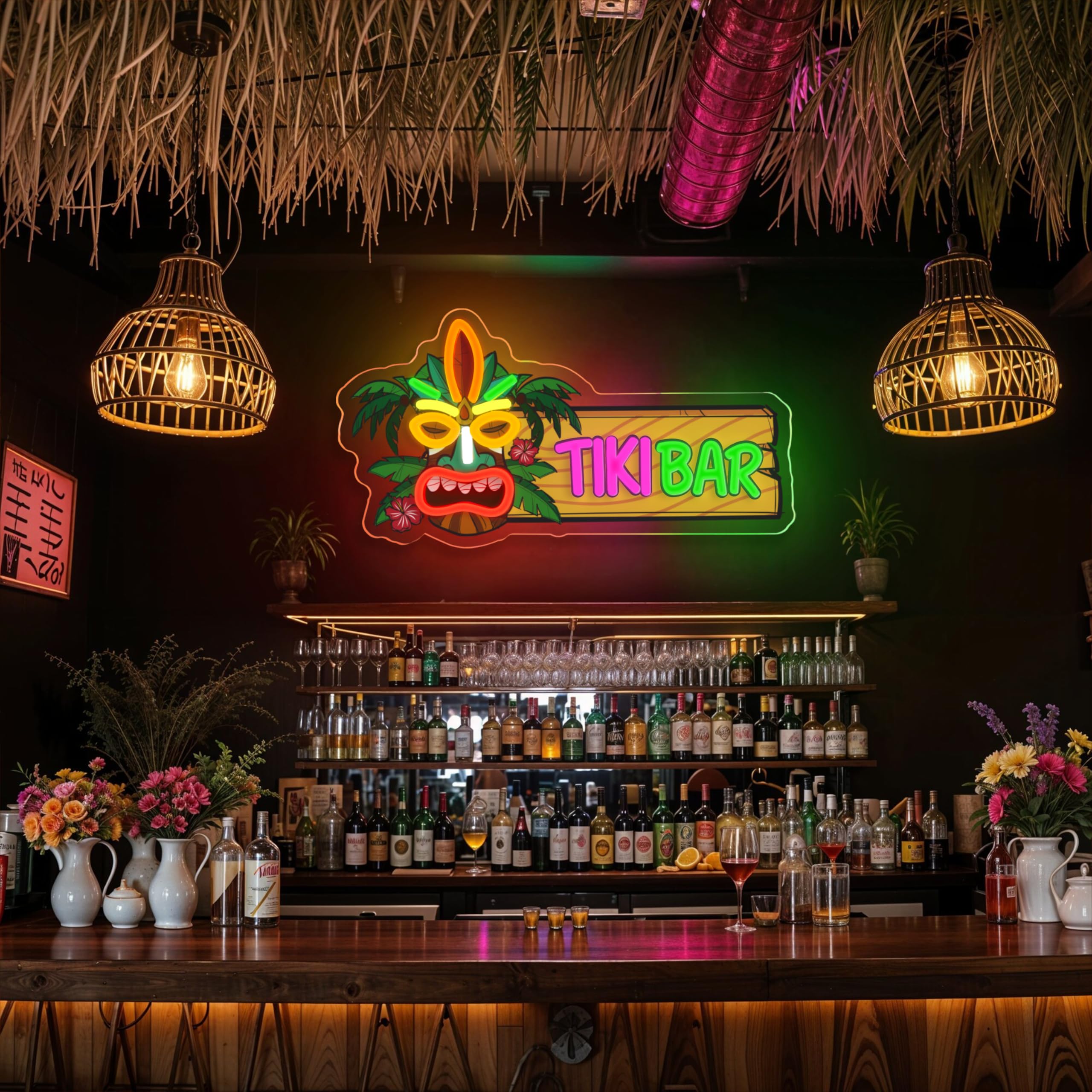 Panneau néon Tiki Bar à intensité variable pour Aloha Hawaï Tropical Anniversaire Alimenté par USB pour décoration de fête hawaïenne Luau