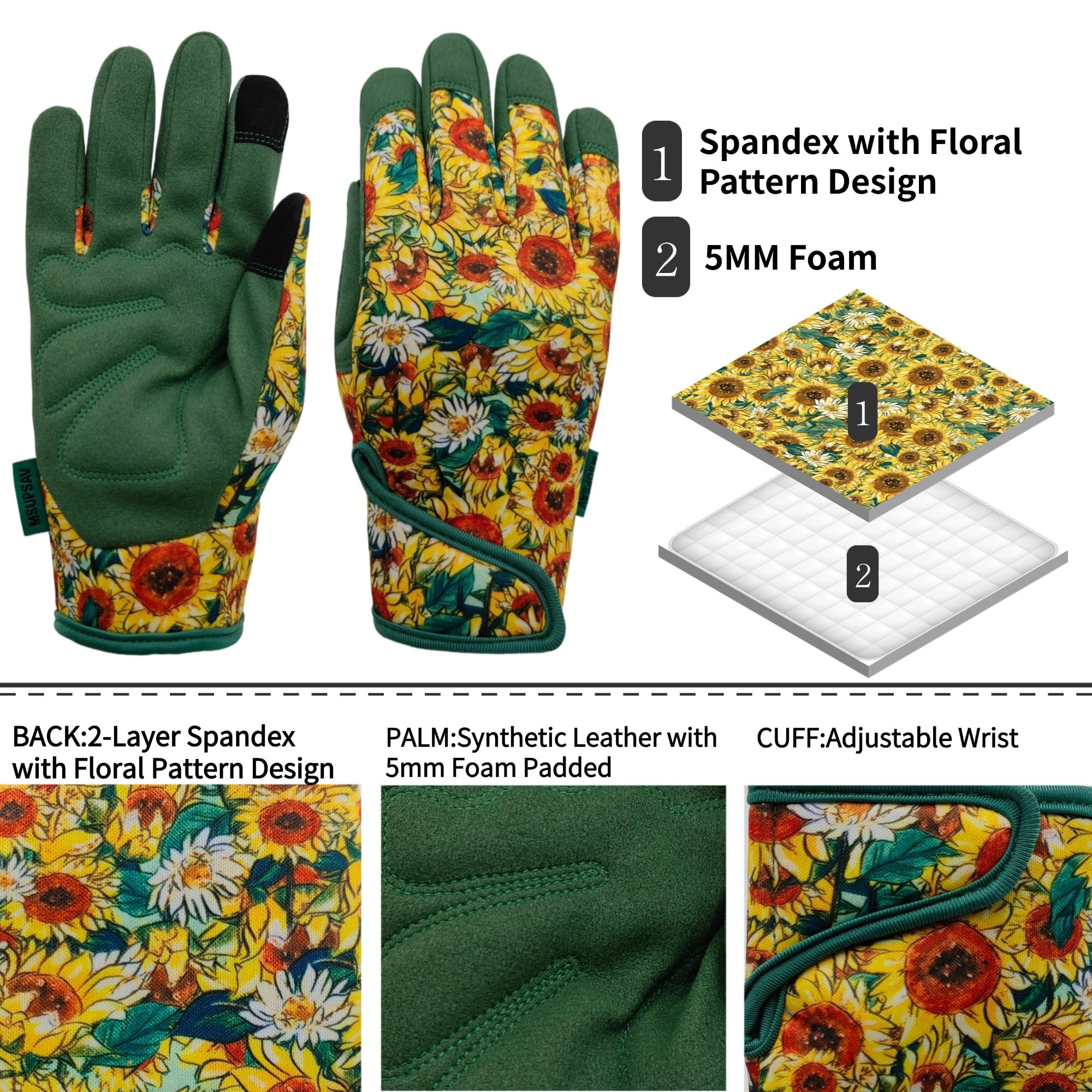 Gants de jardinage - Gants de travail - En élasthanne synthétique - Cadeaux pour femme - Pour écran tactile - Taille S - Tournesol vert