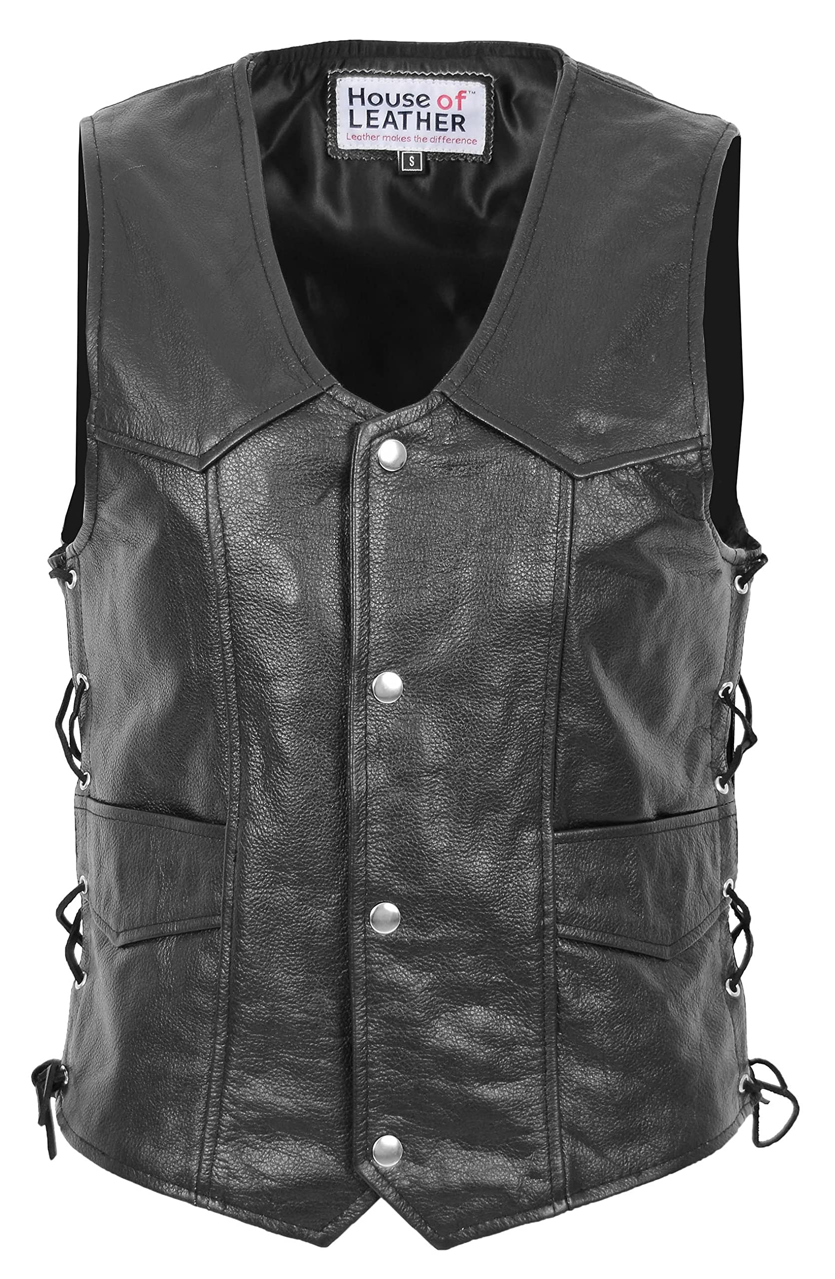 House Of Leather Men's Black Leather Gilet With Side Tassels Biker Style Vest Jax (L)