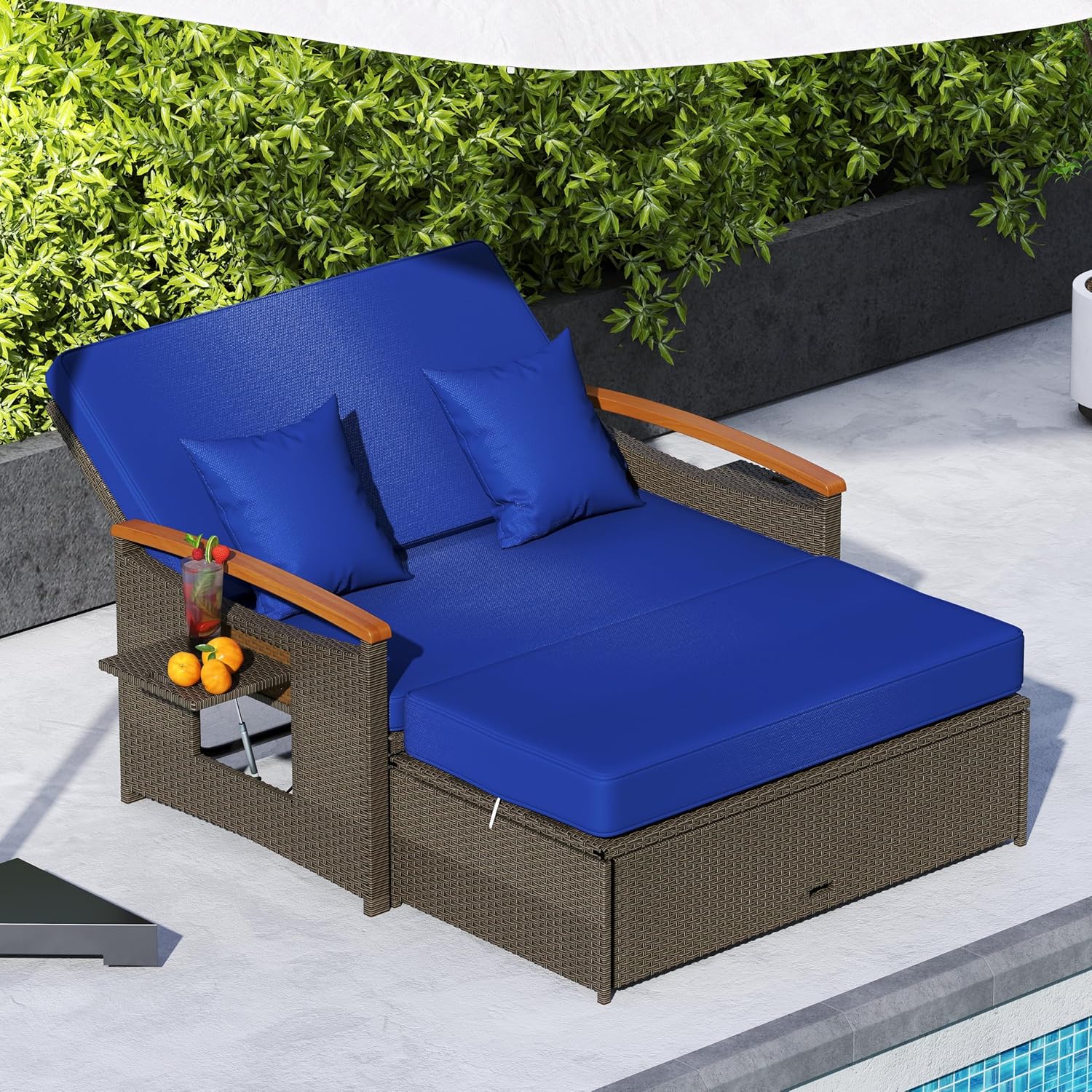 Nightcore Patio Daybed with Ottoman, Double Chaise Lounge Outdoor w/Hidden Storage, Adjustable Backrest & Side Trays for Patio, Poolside, Backyard (Navy)