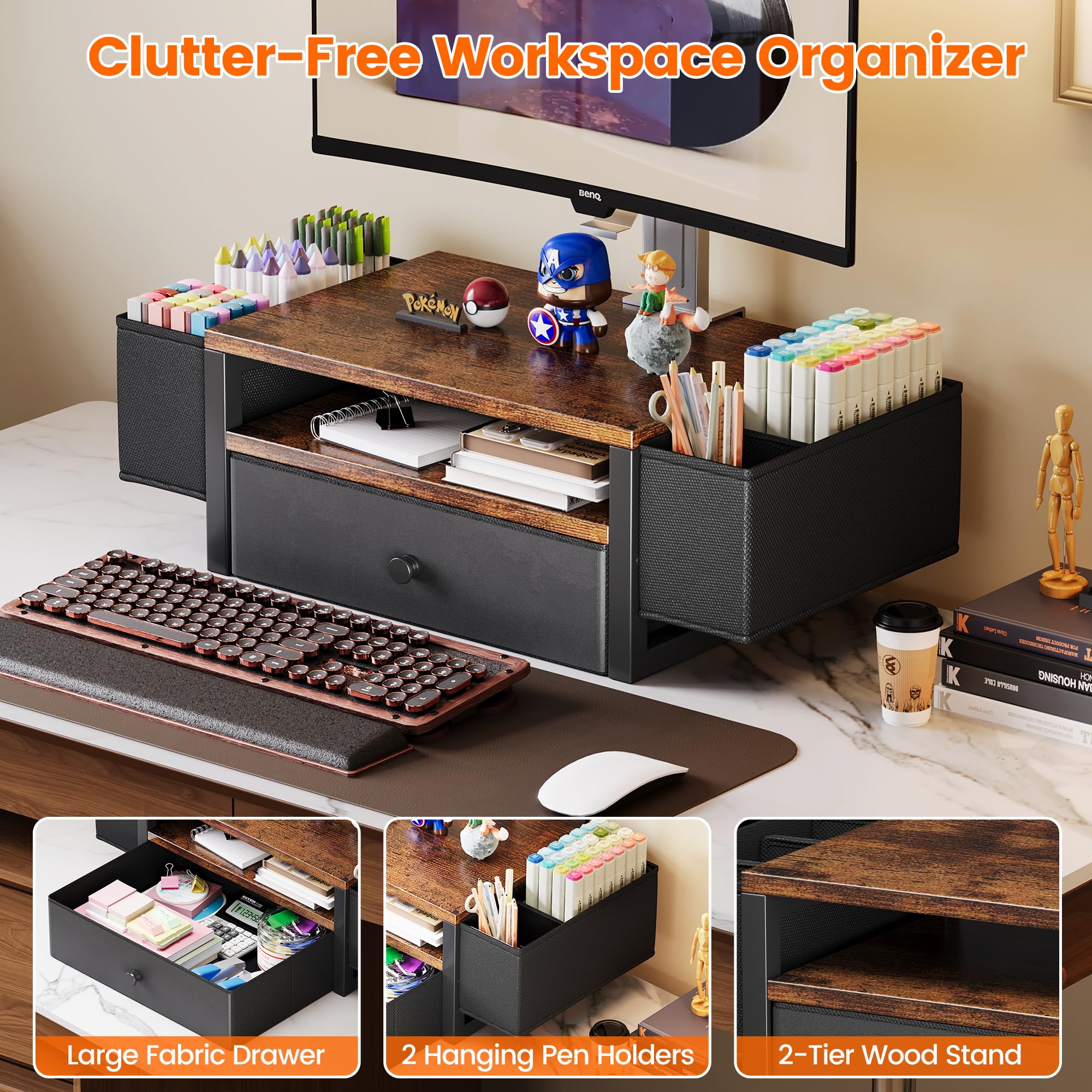 Organizzatori e accessori da scrivania, supporto per monitor del computer a 3 livelli con cassetto in tessuto e 6 portapenne, accessori da scrivania per ufficio, organizer da scrivania per ufficio