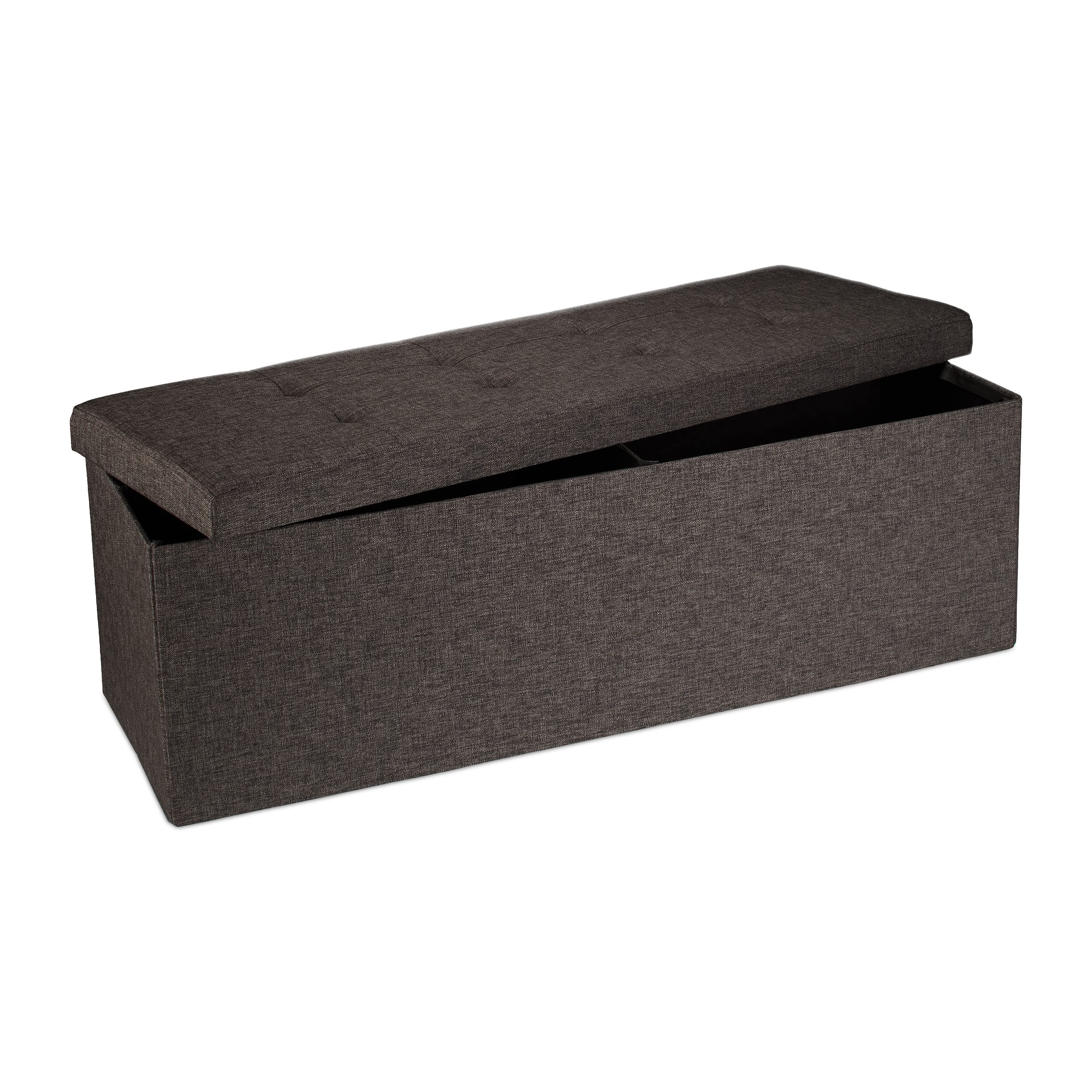 Relaxdays Folding Storage Bench XL, 38 x 114 x 38 cm, Foldable Ottoman Footstool, with Lid, Fabric, Brown