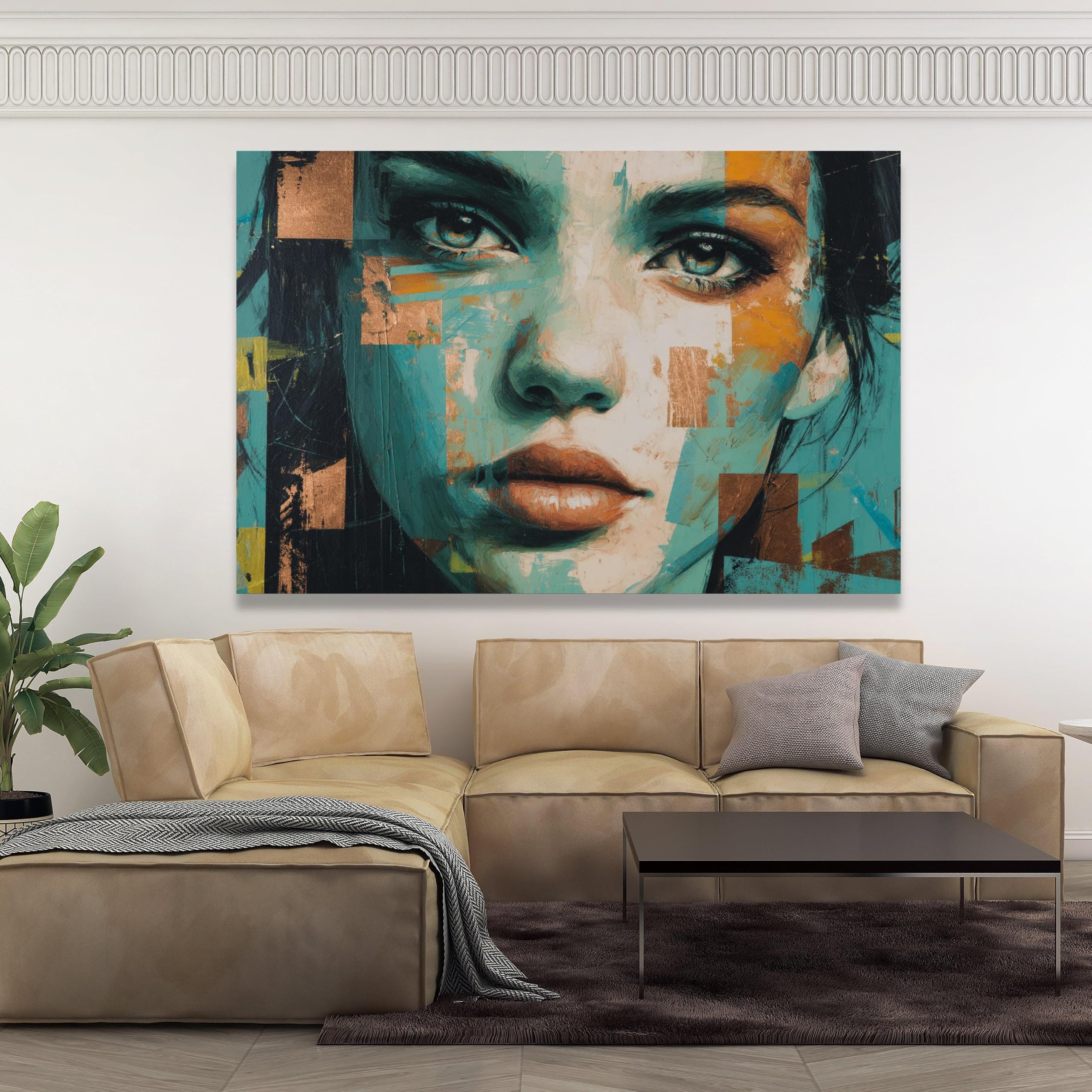 CAOXTART Abstraktes Frauenporträt, Ölgemälde, zeitgenössische Wandkunst, Farbdrucke mit Gesichtsmotiven, blaue und kupferfarbene Wohndekoration (40x60cm/Innenrahmen)