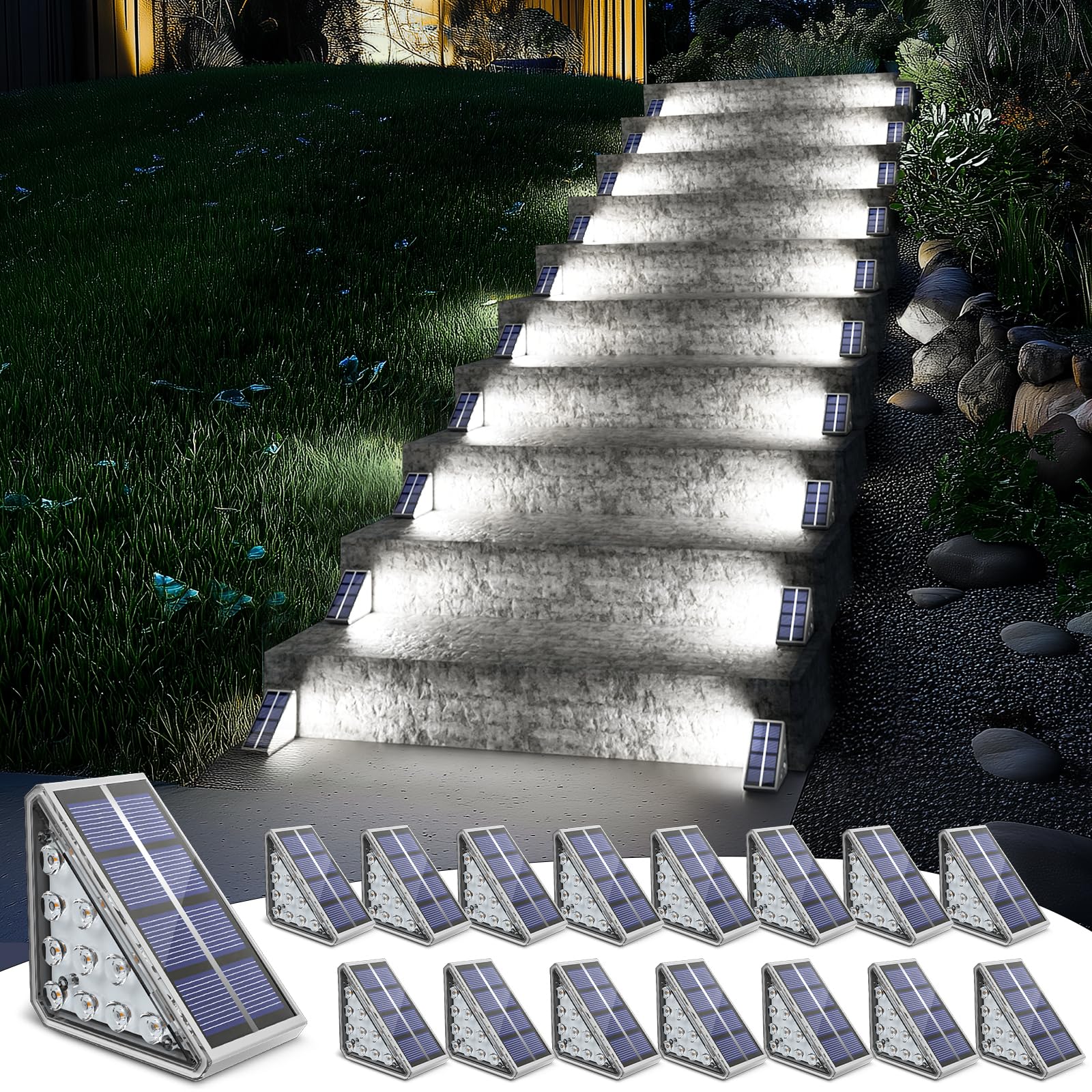 NIORSUN Outdoor Step Lights, 16 Pack Solar Stair Lights Outdoor Waterproof IP67 Auto On Off, Solar Lights for Steps,Stair,Patio,Yard,Porch,Front Door,Sidewalk,Deck Decor,Cool White