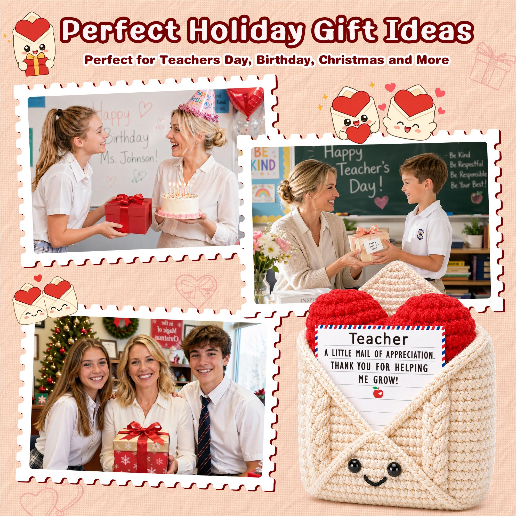 Teacher Gifts, Teacher Appreciation Gifts, Thank You Gift for Teachers Mentor Educator, Gift Idea for Teacher's Day Birthday Graduation Retirement Christmas Valentines, Handmade Crochet Heart Envelope