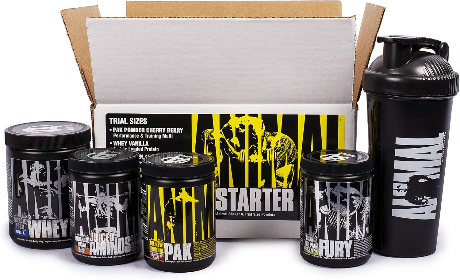 Animal Starter Kit: Trial Size Kit of Pak, Juiced Aminos, Fury & Whey Plus a Free Shaker 5 Piece Set 1 Count