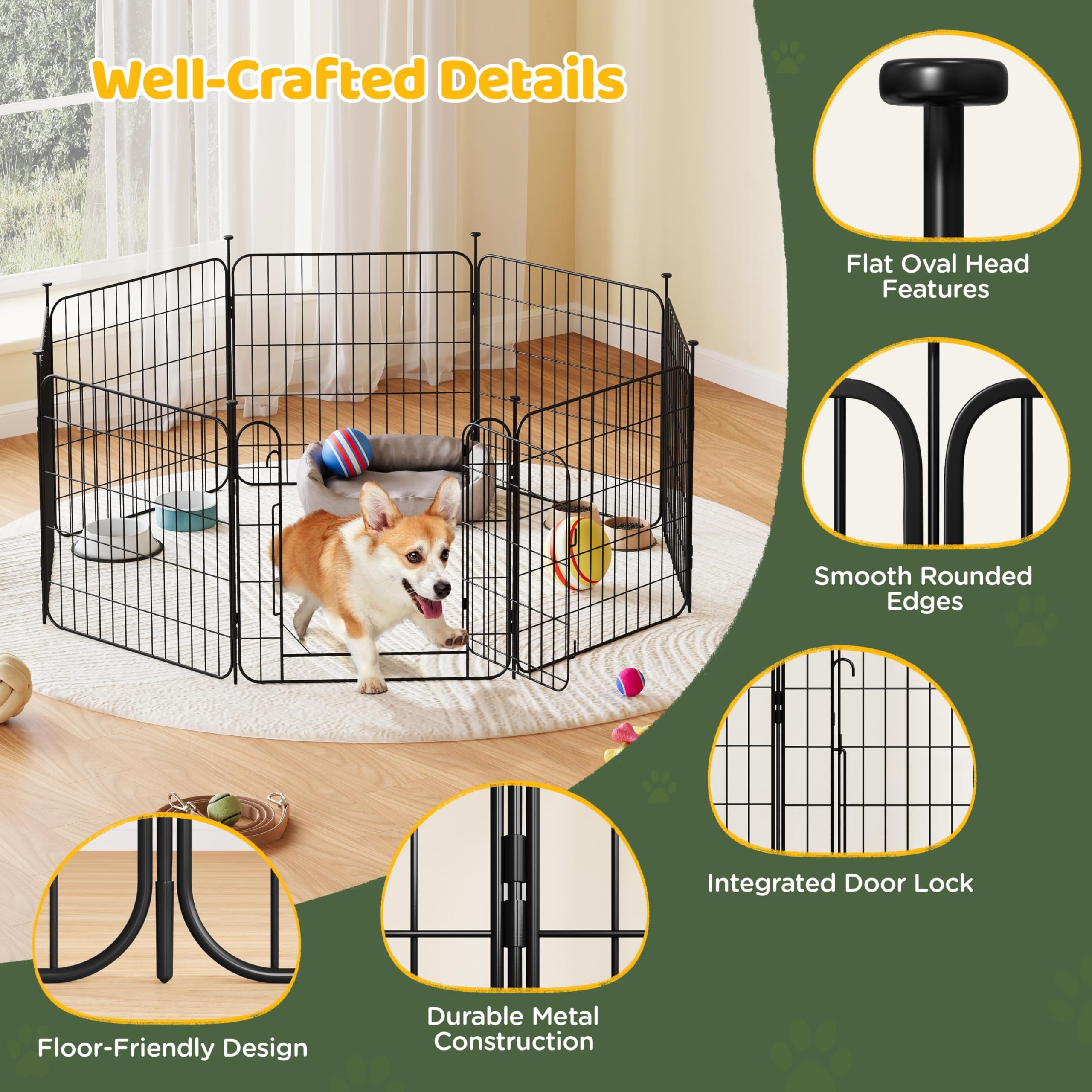 Yaheetech Puppybox, 16-delig, 60 cm hoog, box met deur voor honden, woning en tuin, doe-het-zelf hondenpark voor binnen en buiten, opvouwbaar puppyvrijloop, omheining rooster