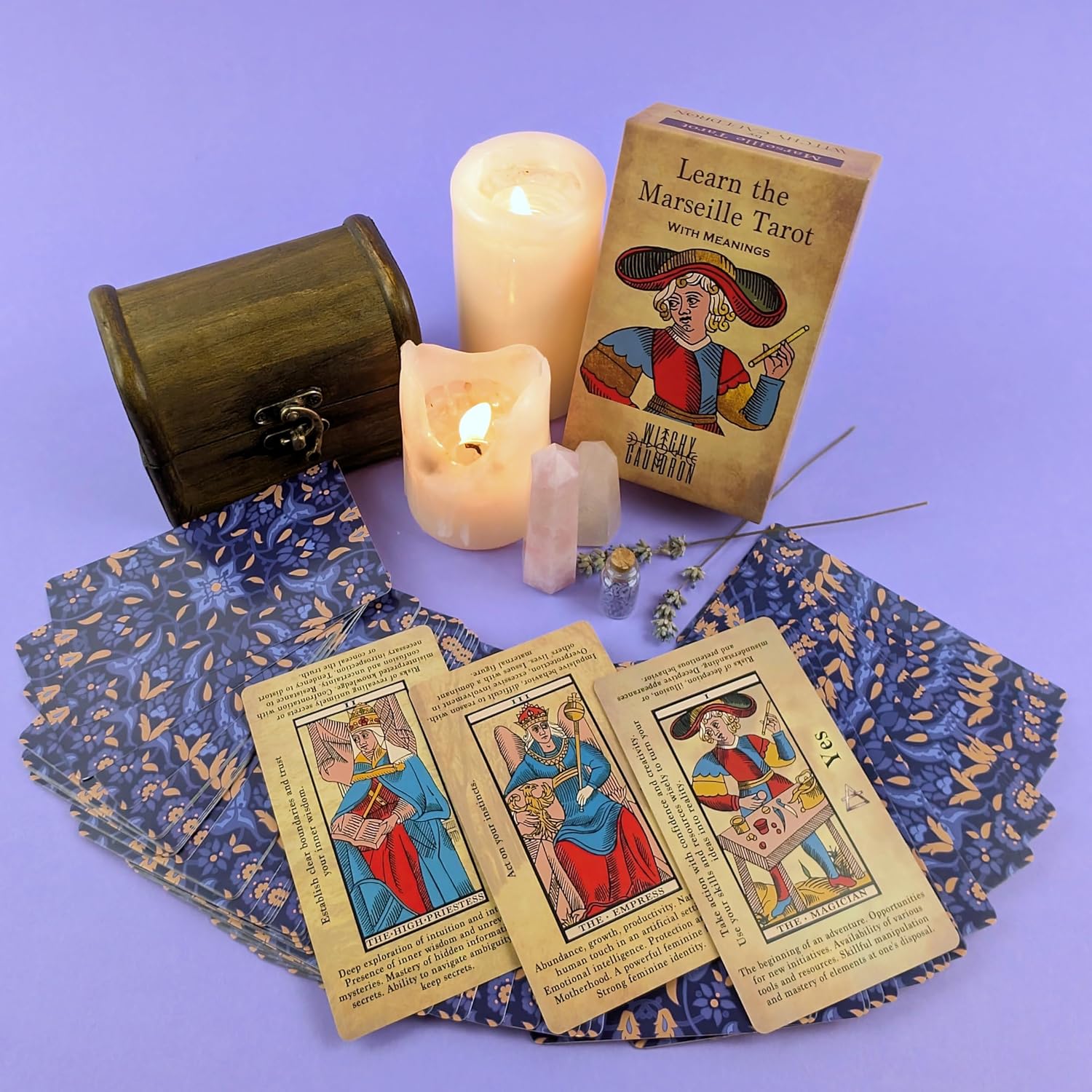 Witchy Cauldron Marseille Tarot Deck for Beginners with Meanings on Them - 78 Card Tarot de Marseille Learning Deck, Illustrated Cards with Easy-to-Read Interpretations, No Guidebook Needed