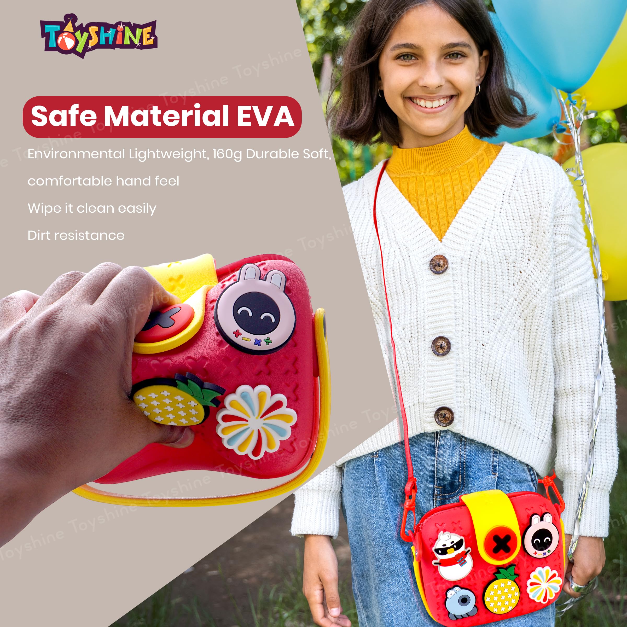 Toyshine Cute Multifunctional Lightweight Childrens Crossbody Camera Bag EVA Toddler DIY Shoulder Bag Handbag cum silicone Purse for Girls kids with Adjustable Strap - Red