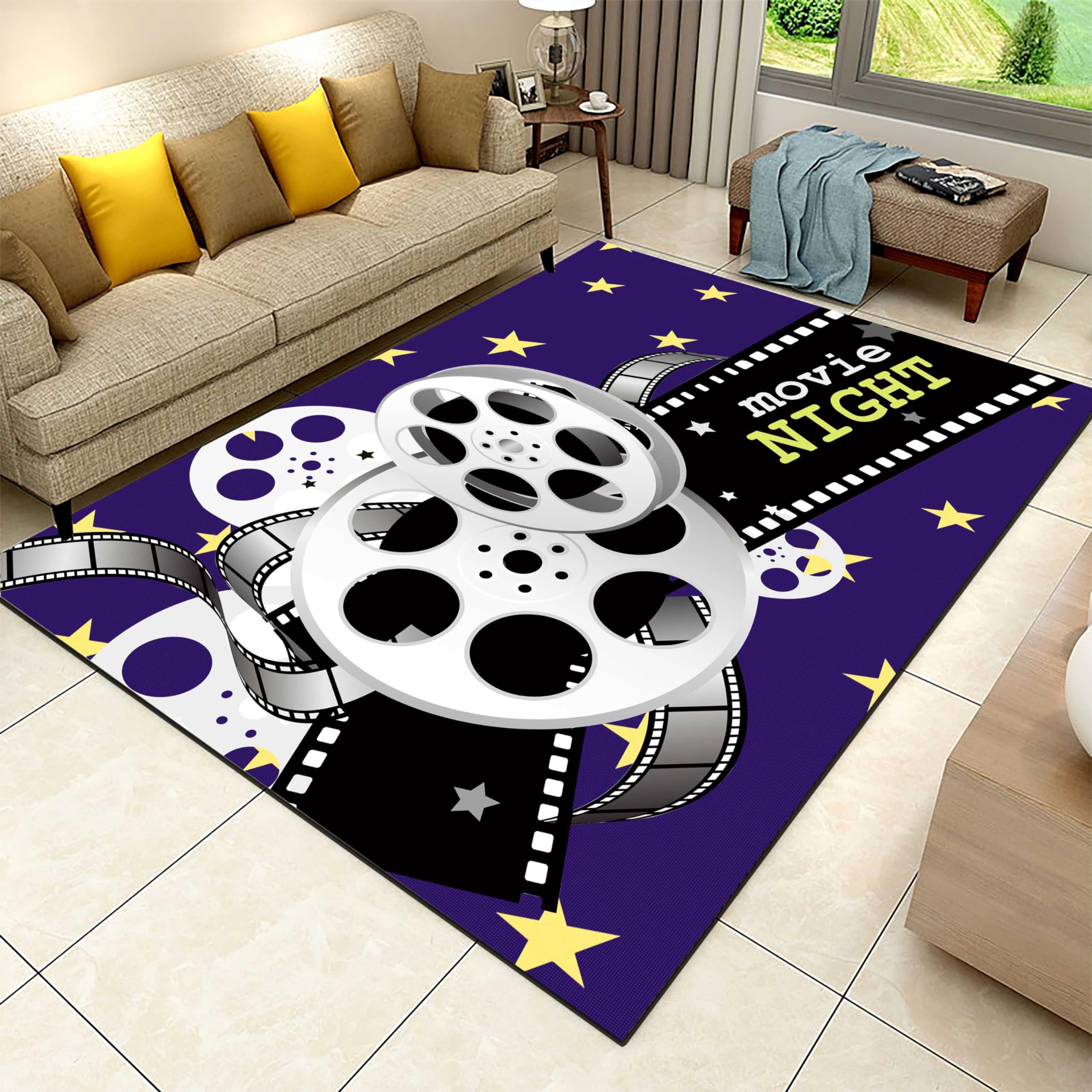 Puyosvr Movie Theater Decor Living Room Area Rug,5x8ft,Home Theater Floor Mat with Cinema Sign Design, Non-Slip Area Carpet Ideal for Bedroom, Kitchen