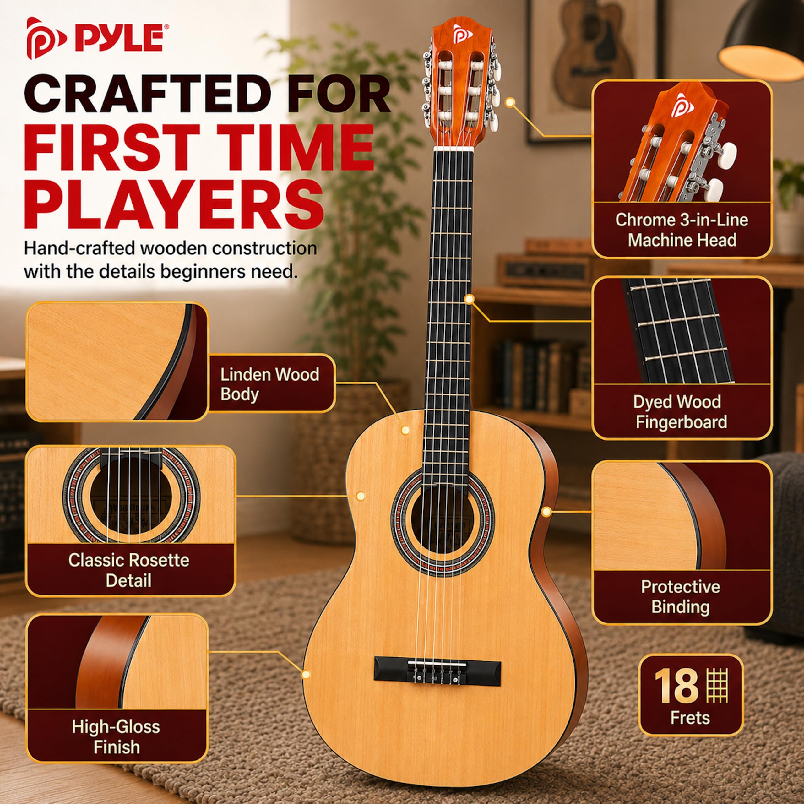 Pyle Kit per chitarra acustica per principianti, 1/2 Junior Size All Wood Instrument con kit di accessori completo, plettri, tracolla, custodia, panno per la pulizia, app accordatore, lezioni di 2