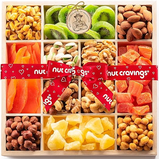 NUT CRAVINGS - Dried Fruit & Mixed Nuts Gift Basket in Reusable Wooden Tray + Ribbon (12 Assortments) Food Arrangement, Healthy Snack Care Package, Kosher