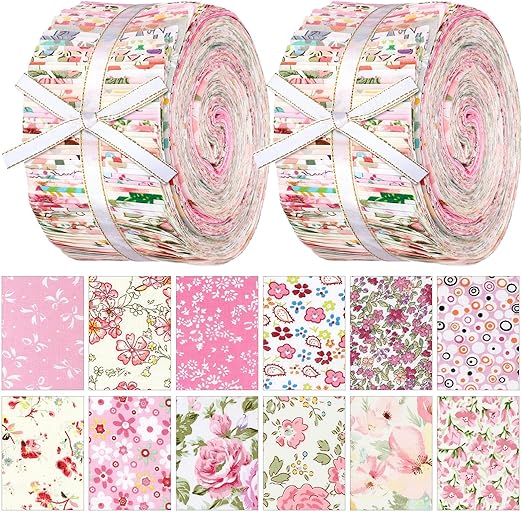 Ganeen 100 Pcs Pink Floral Quilting Fabric Roll 2. 56 Inch Fabric Squares Jelly Patchwork Precut Strips Bundles for Holiday Materials Craft DIY Sewing Cloths