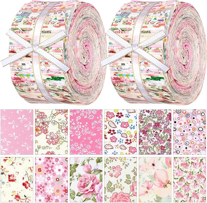 Ganeen 100 Pcs Pink Floral Quilting Fabric Roll 2. 56 Inch Fabric Squares Jelly Patchwork Precut Strips Bundles for Holiday Materials Craft DIY Sewing Cloths