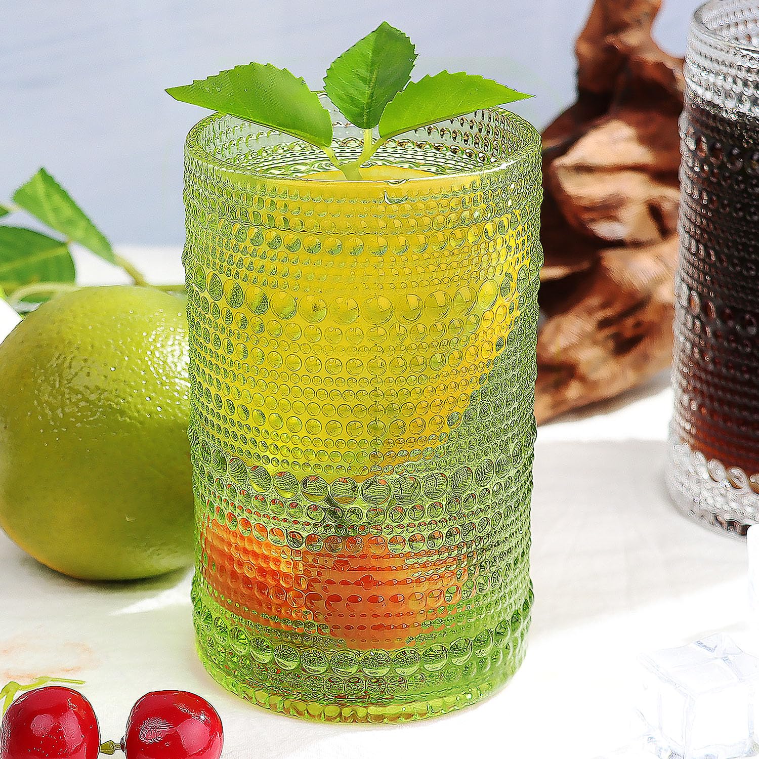 Lumkit Hobnail-Drinking Glasses 13oz Vintage Glassware Sets Cocktail Juice Glasses Set of 6, Light Green