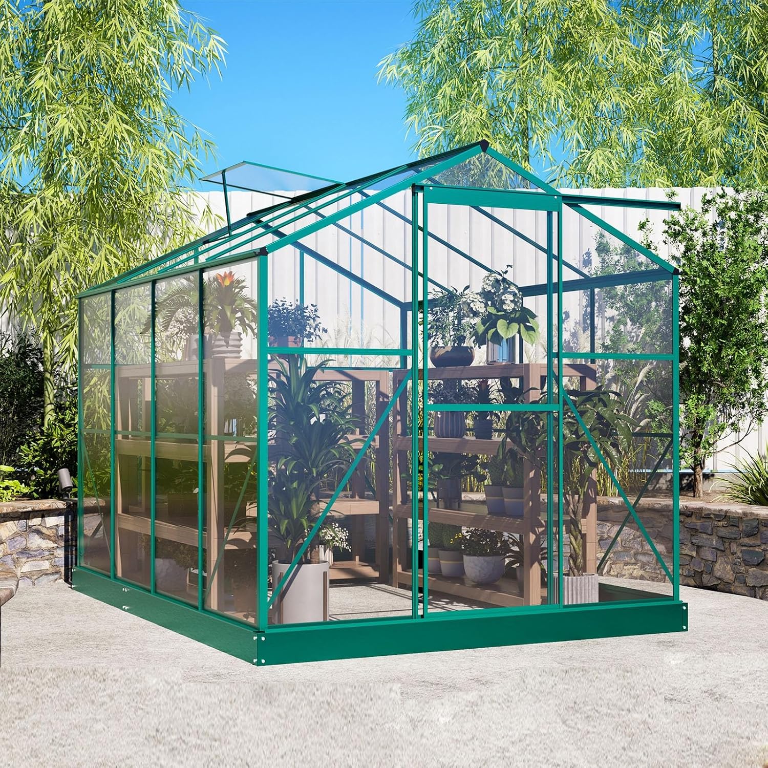 6x8 FT Walk-in Greenhouse Kit with Polycarbonate Panels & Aluminum Frame, Green Houses for Outside with 2 Vents, Greenhouses for Outdoors with Lockable Door, Backyard Discovery Greenhouse (Green)