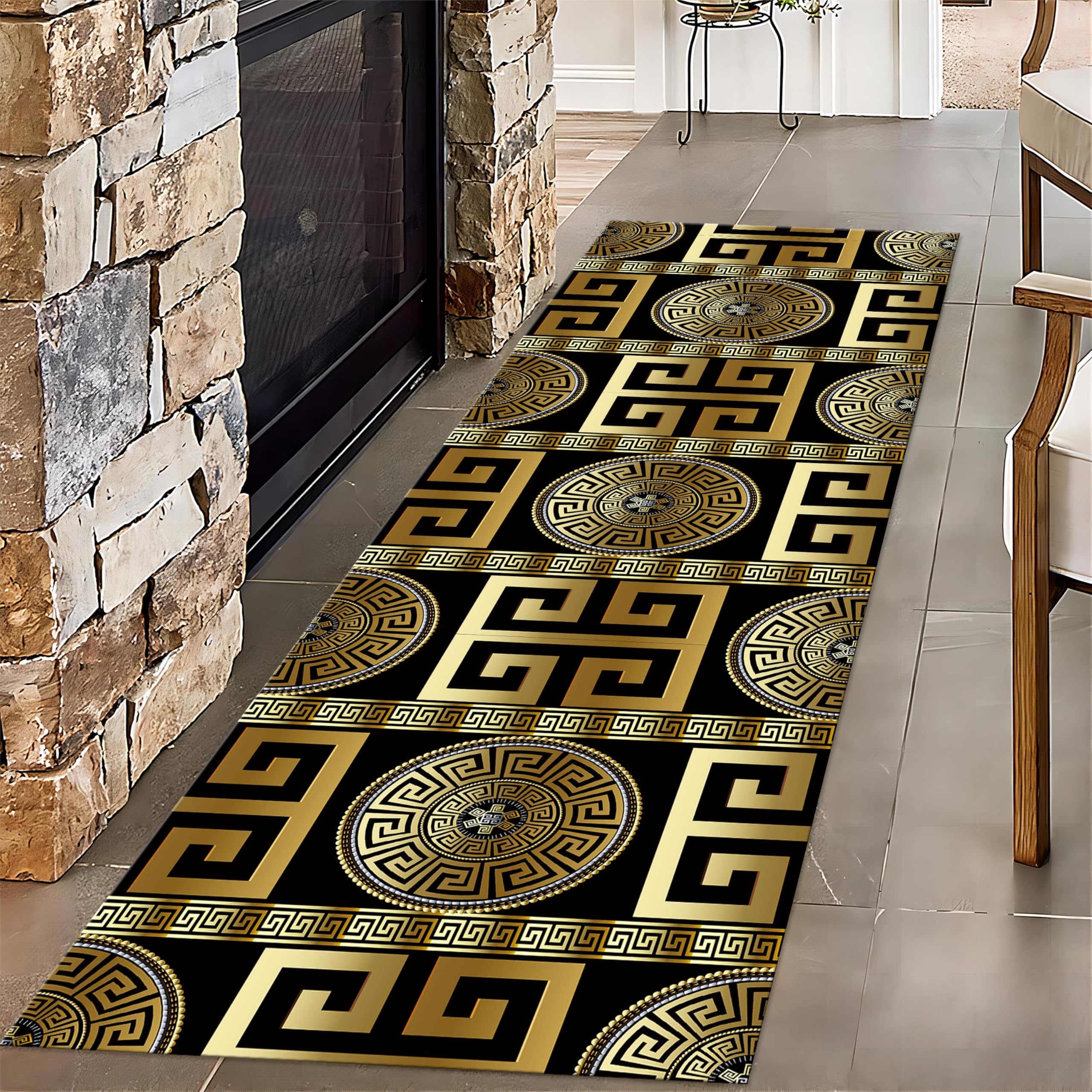 Greek Key Long Hallway Rug Runners, 1.3x7ft, Vintage Baroque Style Hallway Runner Rug, Soft Washable Non-Slip Carpets, Durable Cozy Reduce Noise